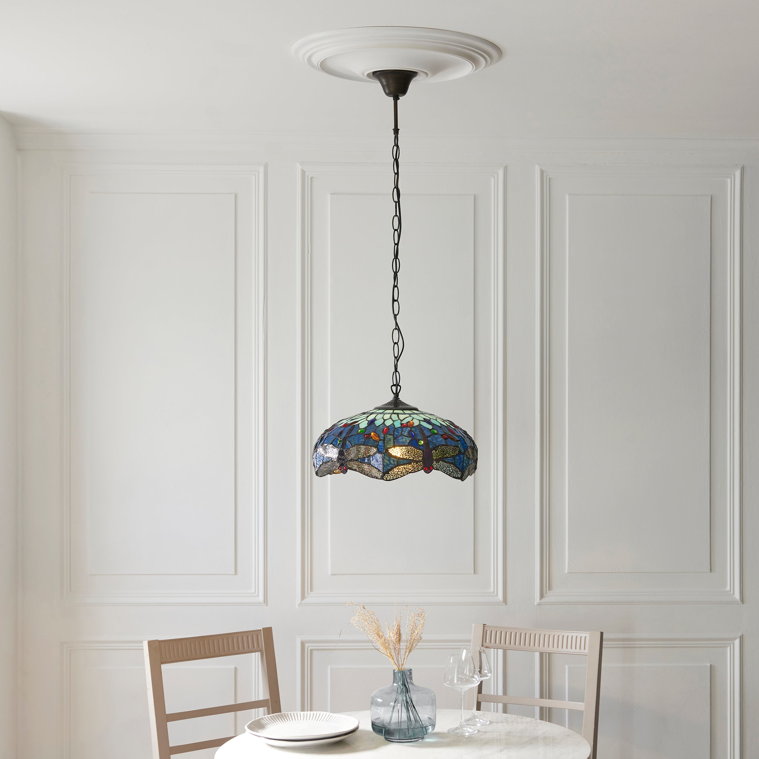 Interiors 1900 Dragonfly Blue Medium Pendant - Handcrafted Tiffany Style Glass