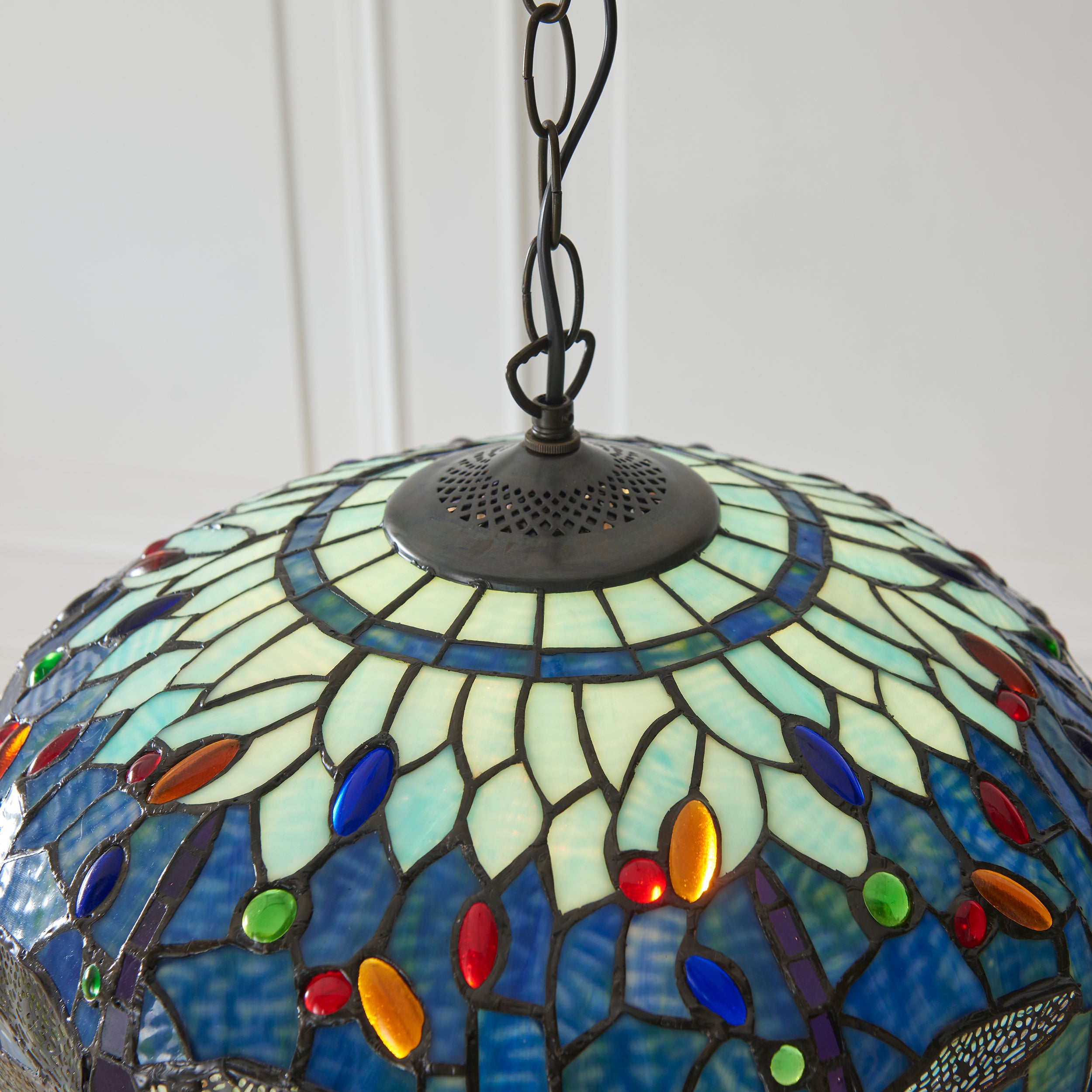 Interiors 1900 Dragonfly Blue Medium Pendant - Handcrafted Tiffany Style Glass