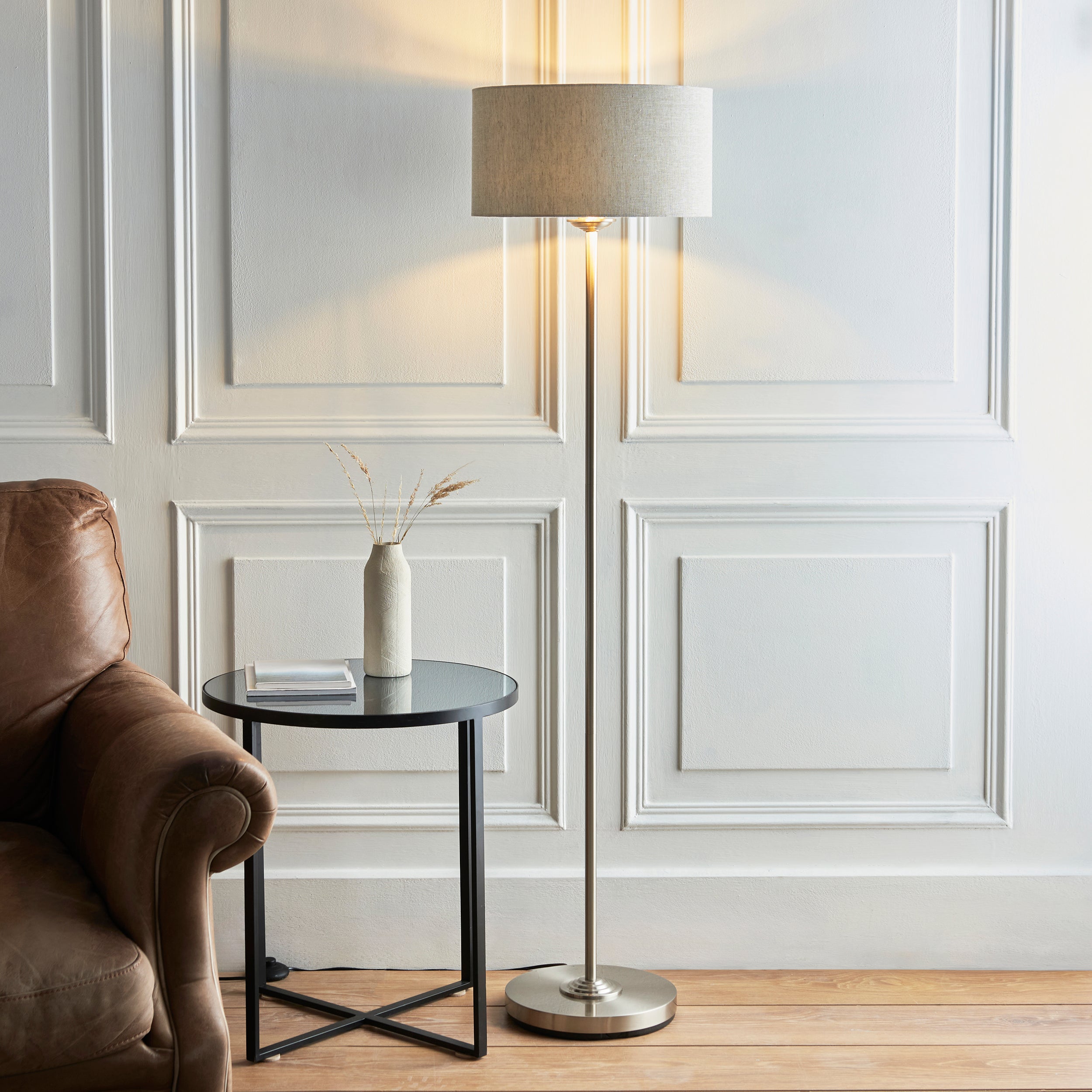 Endon Highclere Single Light Floor - Brushed Chrome Plate & Natural Linen