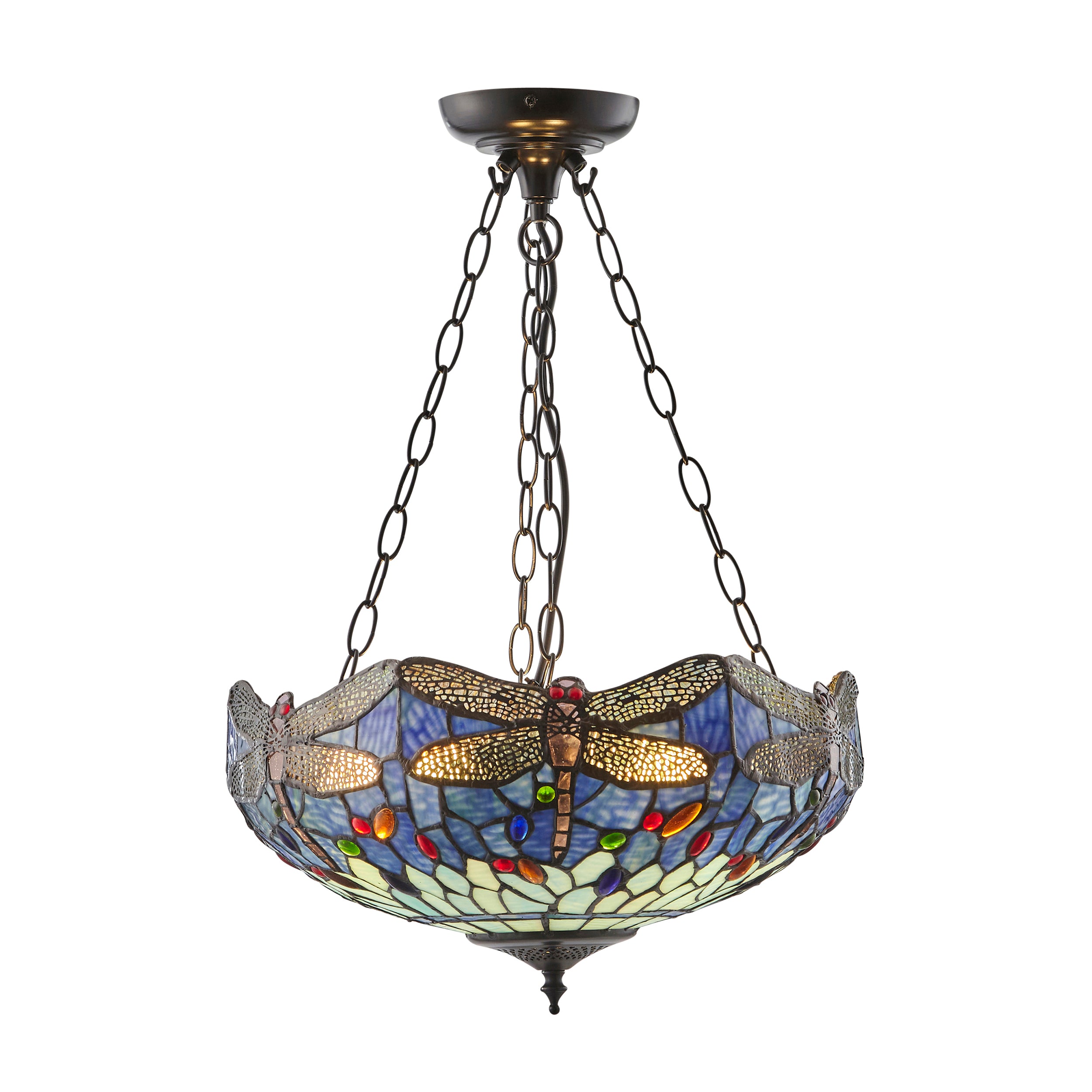 Interiors 1900 Dragonfly Blue Large Inverted 3 Light Pendant - Handcrafted Tiffany Style Glass