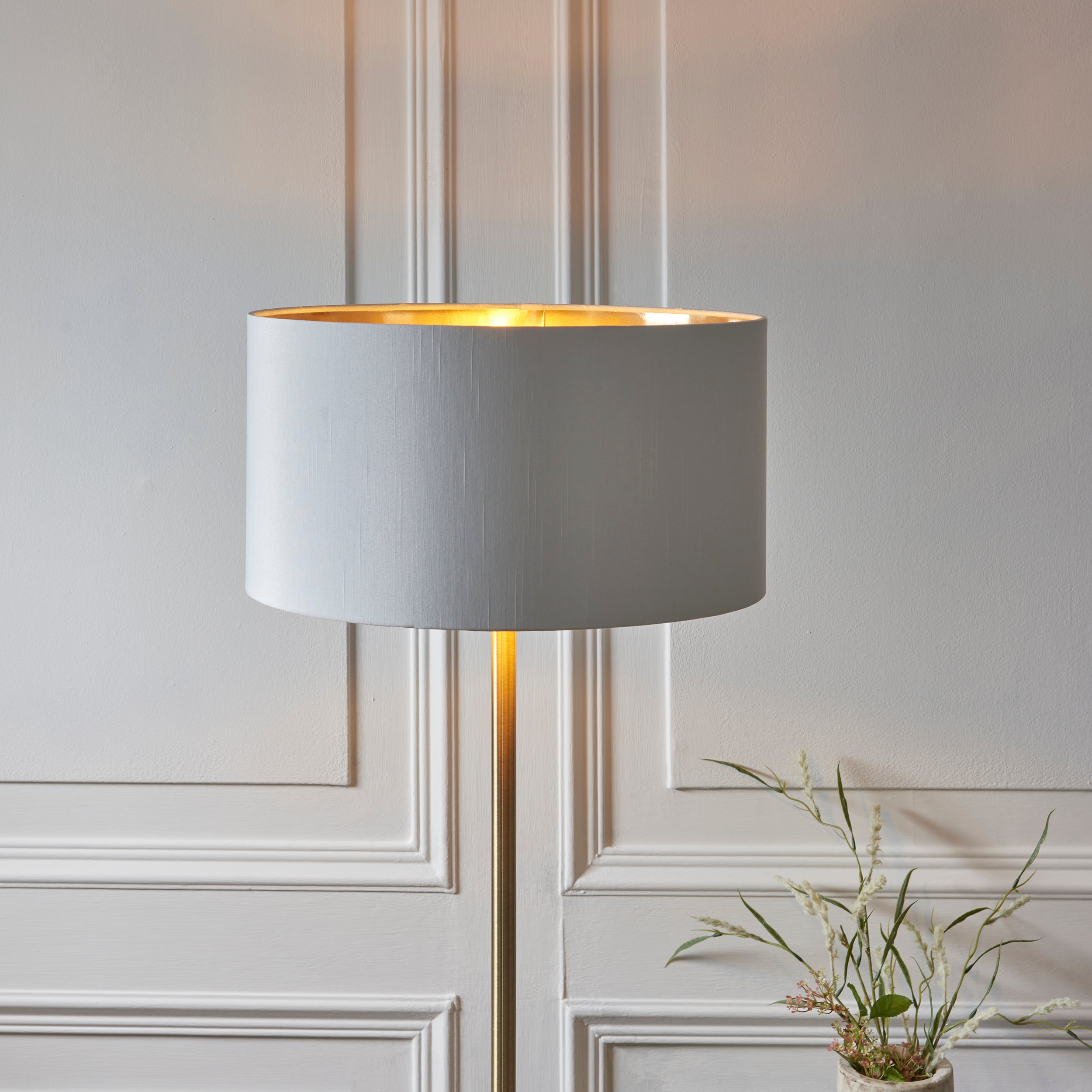 Endon Highclere Single Light Floor - Antique Brass Plate & Vintage White Fabric