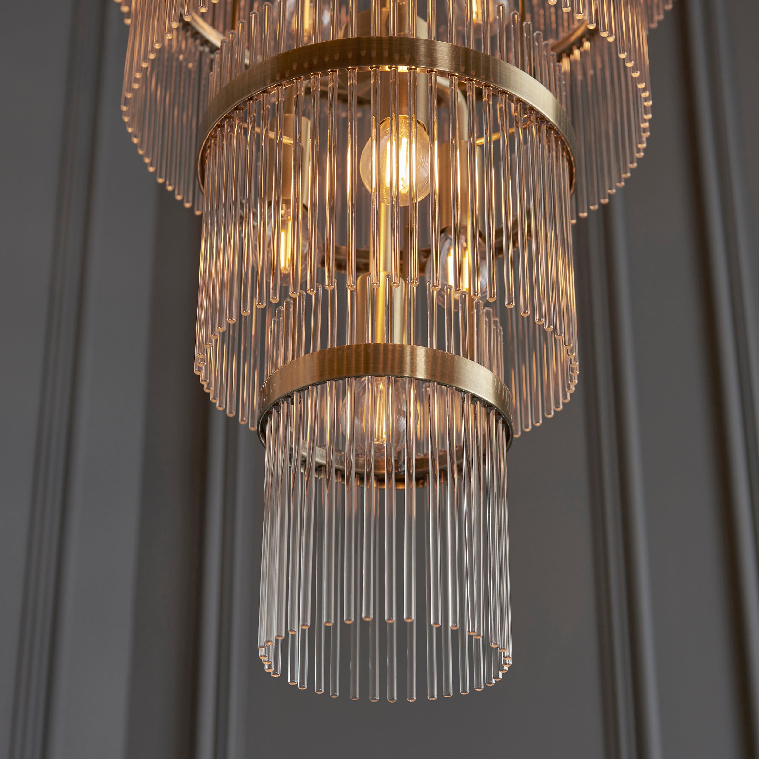 Endon Marietta Grand 21 Light Tiered Pendant - Antique Brass Plate & Clear Glass