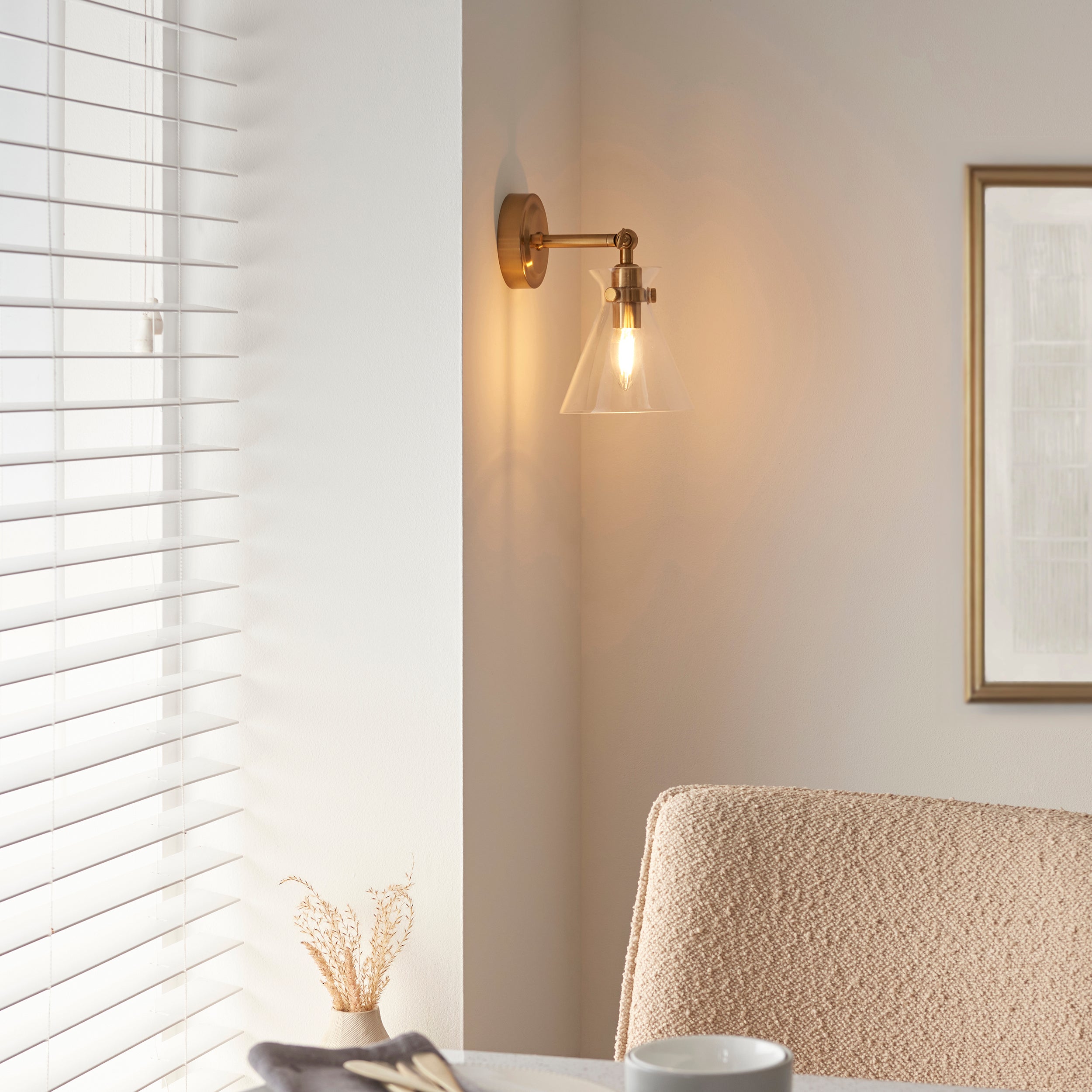 Endon Harlow Wall Light - Brushed Aged Brass Plate & Clear Glass