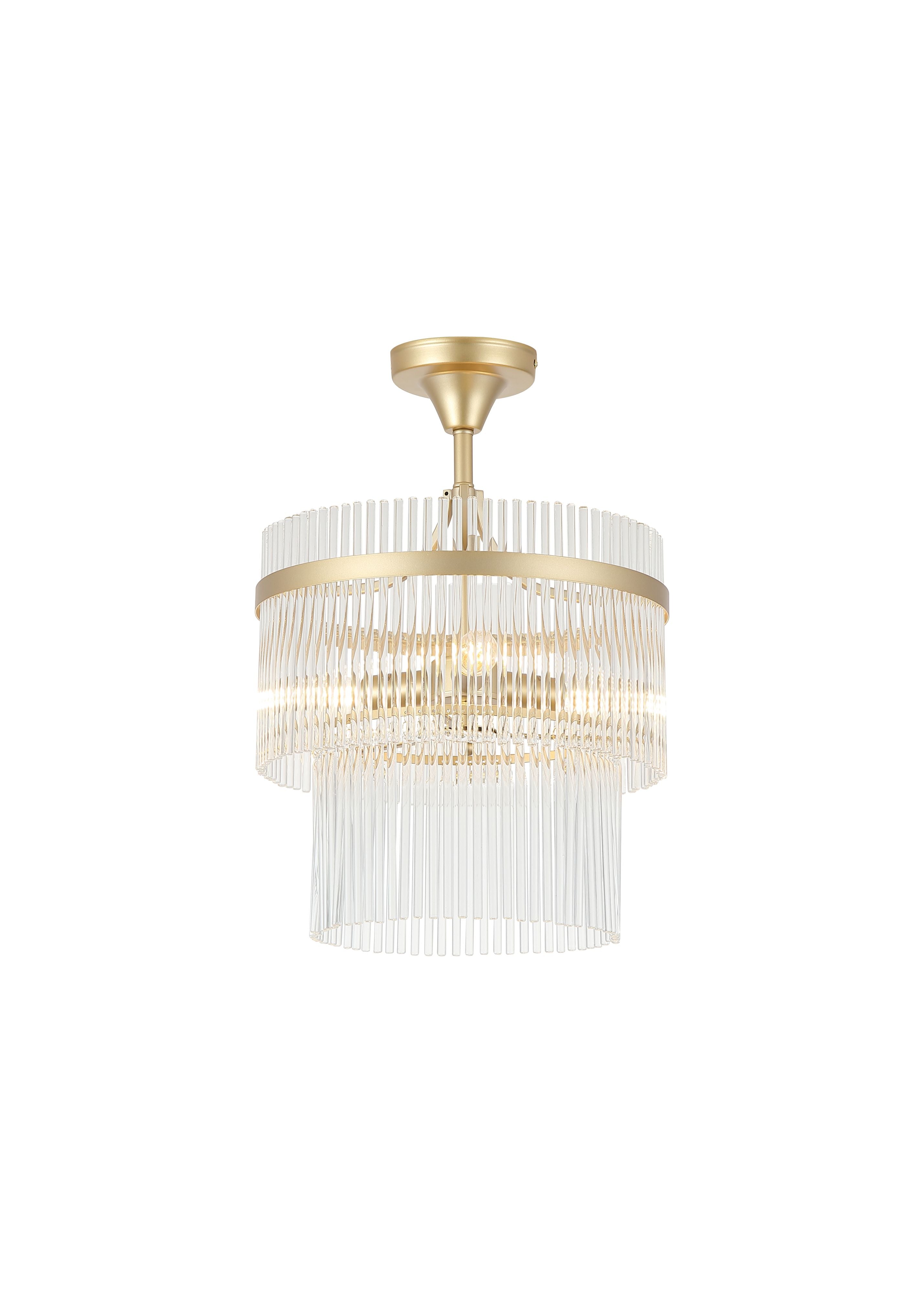 Searchlight Lara 3 light semi flush ceiling light in brushed gold with clear glass rods, studio front view of the fringed drum shade