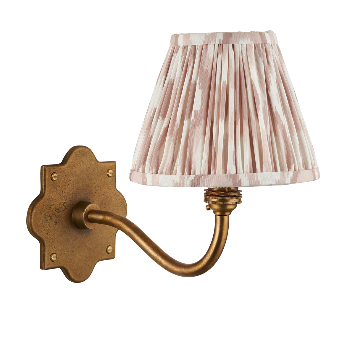 Endon Anvil Curve antique brass wall light with a neutral ikat shade, unlit, cut out on a white background