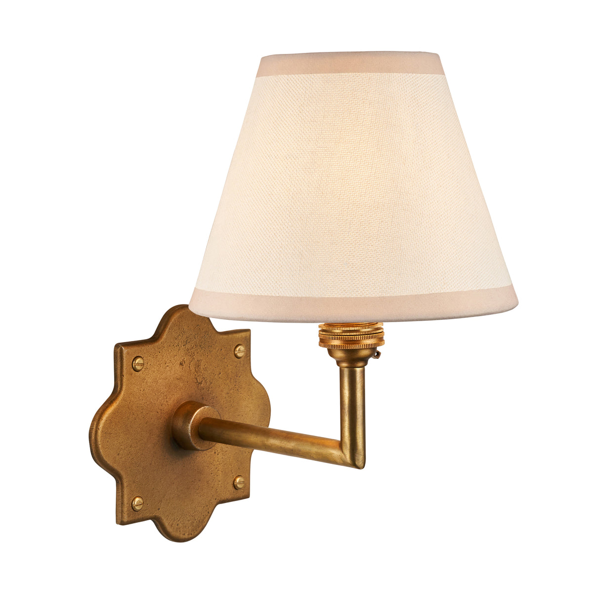 Endon Anvil Angle wall light in antique brass with vintage white Ivy shade, lit, cut out on a white background