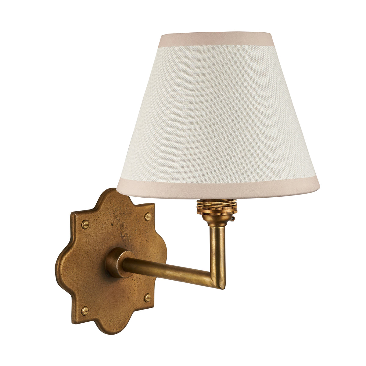 Endon Anvil Angle wall light in antique brass with vintage white Ivy shade, unlit, cut out on a white background