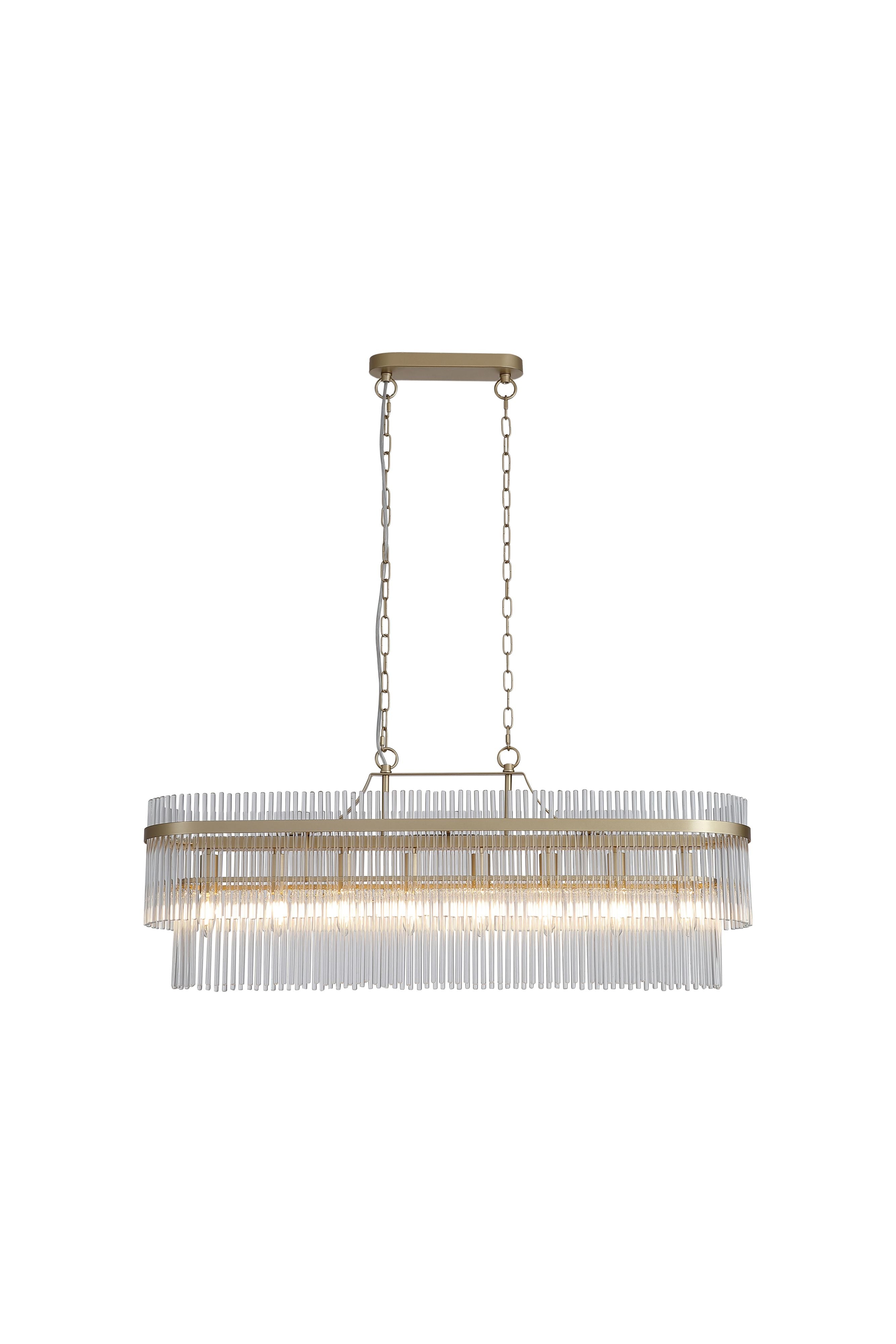 Searchlight Lara 8 light oval pendant in brushed gold with clear glass rods, studio front view of the elongated fringed drum shade