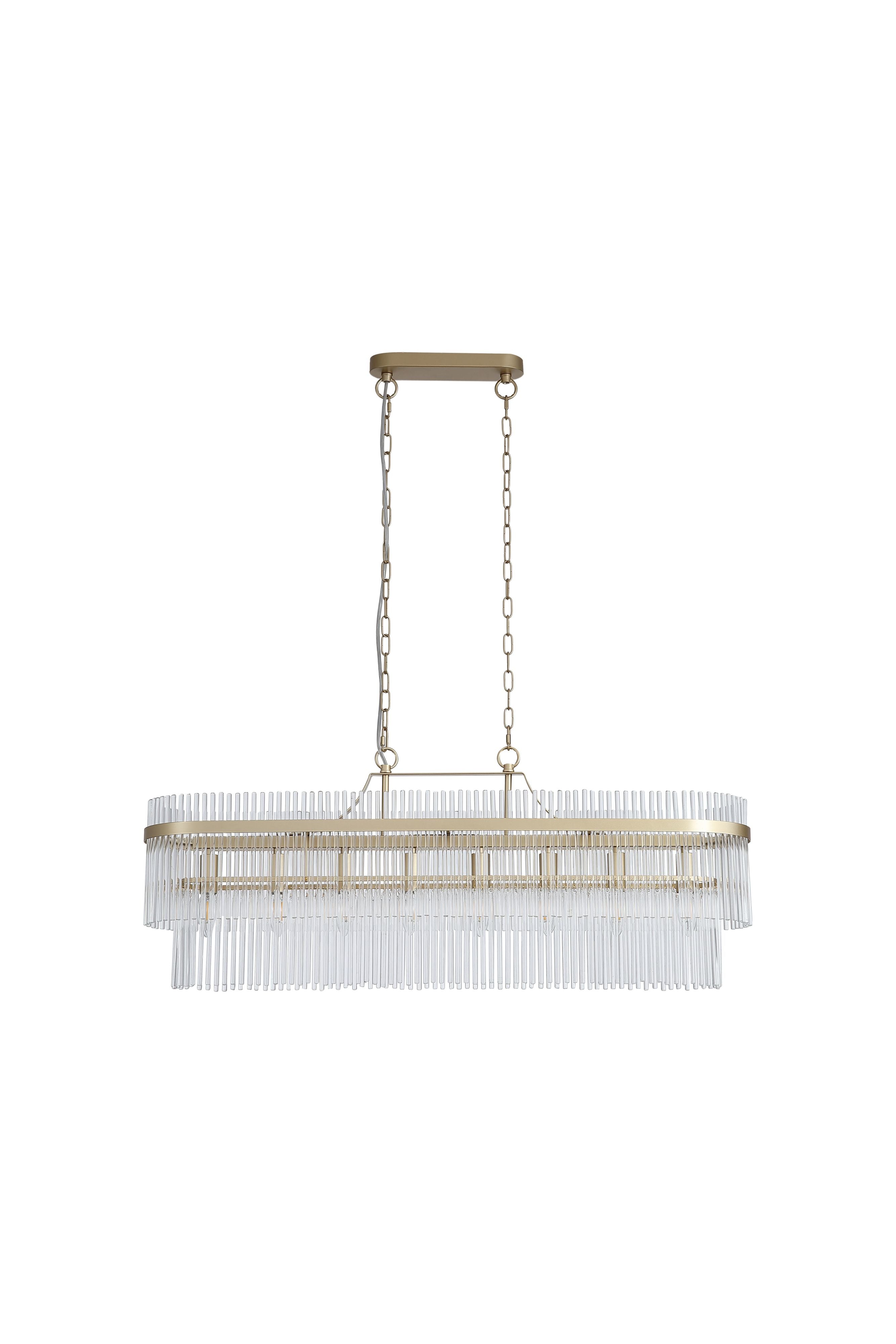 Searchlight Lara 8 light oval pendant in gold metal and clear glass rods, angled studio view showing the twin chain suspension and cascading rod tiers