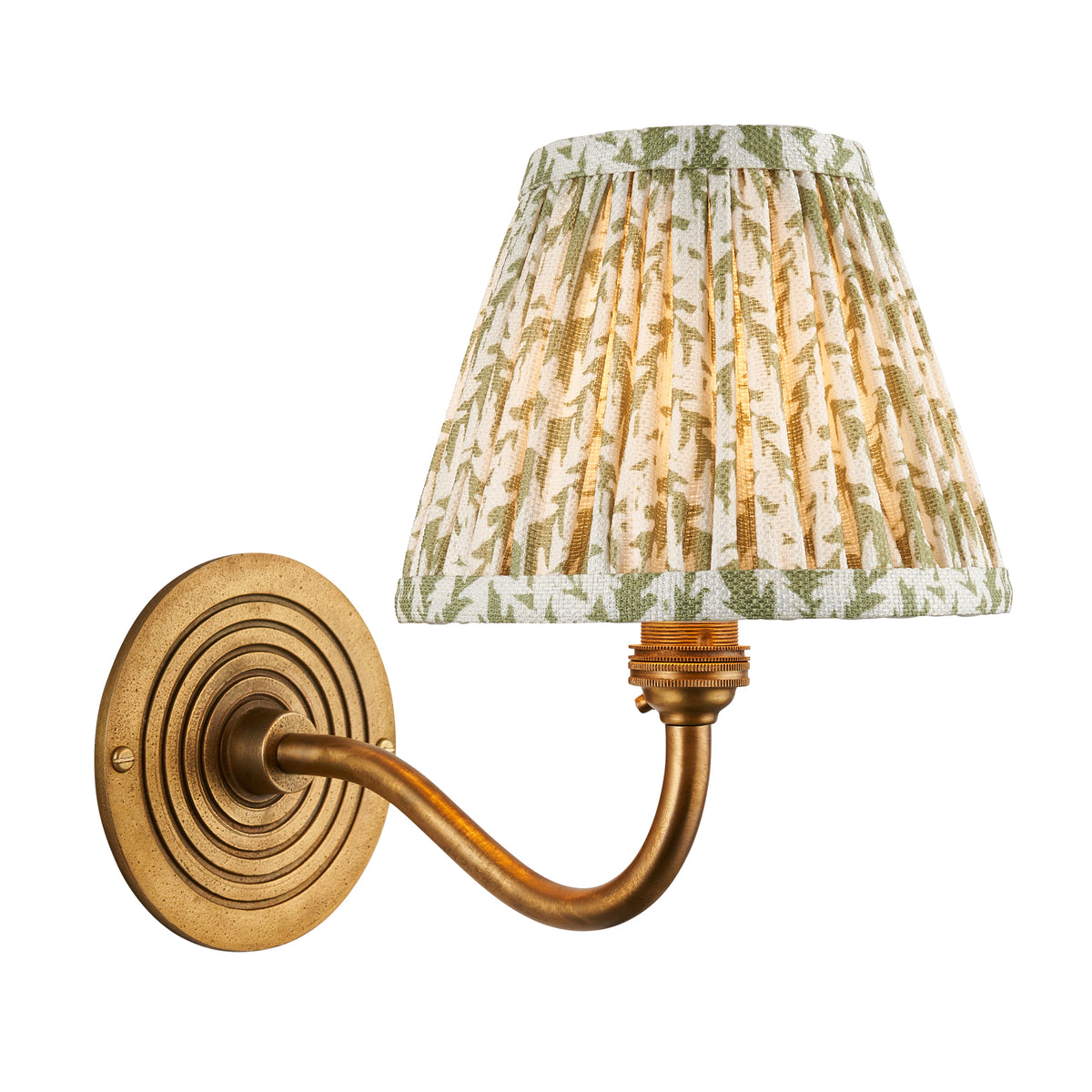Endon Ripple Curve wall light in antique brass with a 16cm pleated herb garden green leaf shade, cut out on a white background