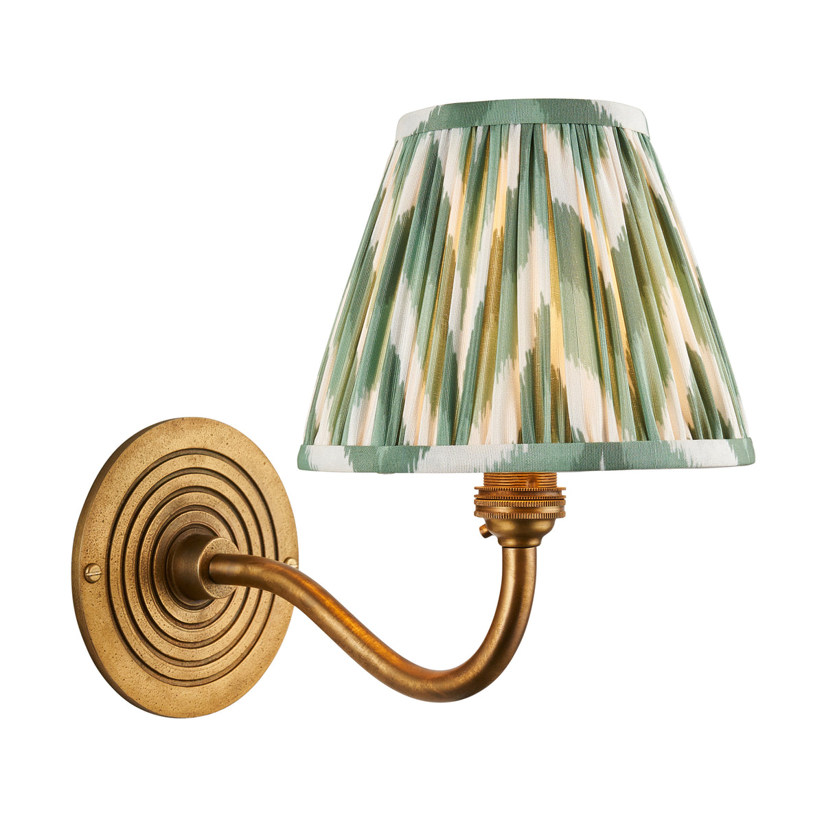Endon Ripple Curve Wall Light - Antique Brass & Zigzag 16cm Cotswold Green Fabric Shade
