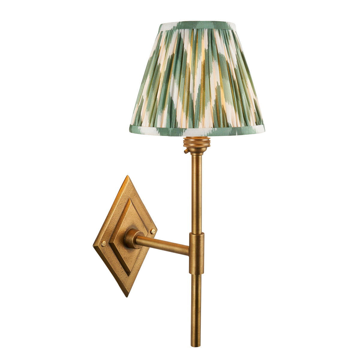 Endon Diamond Tall Wall Light - Antique Brass & Zigzag 16cm Cotswold Green Fabric Shade