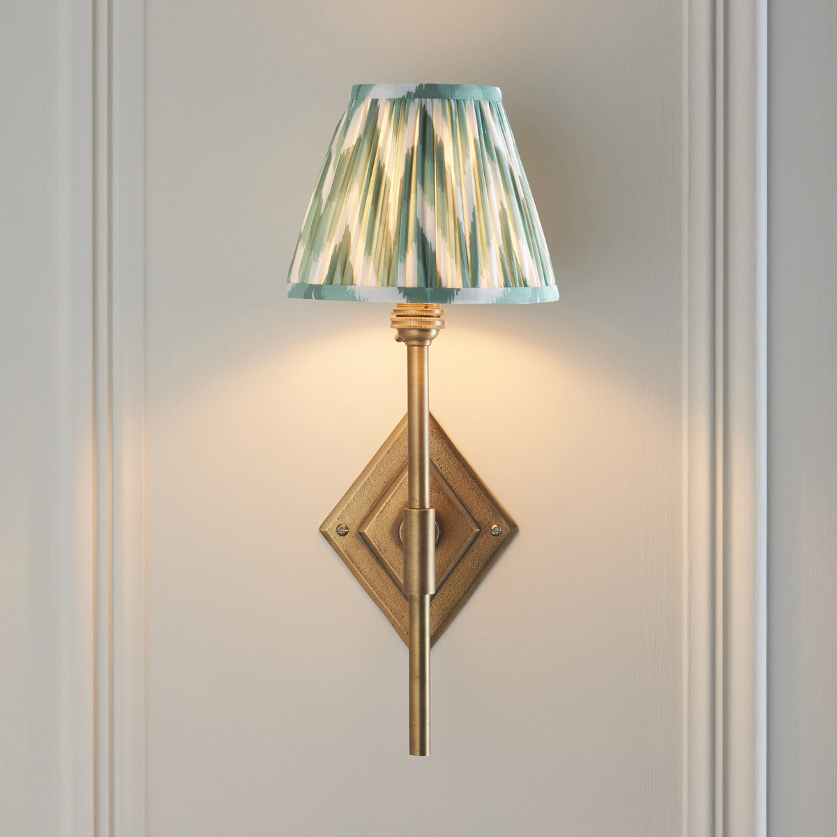 Endon Diamond Tall Wall Light - Antique Brass & Zigzag 16cm Cotswold Green Fabric Shade - detail image 3