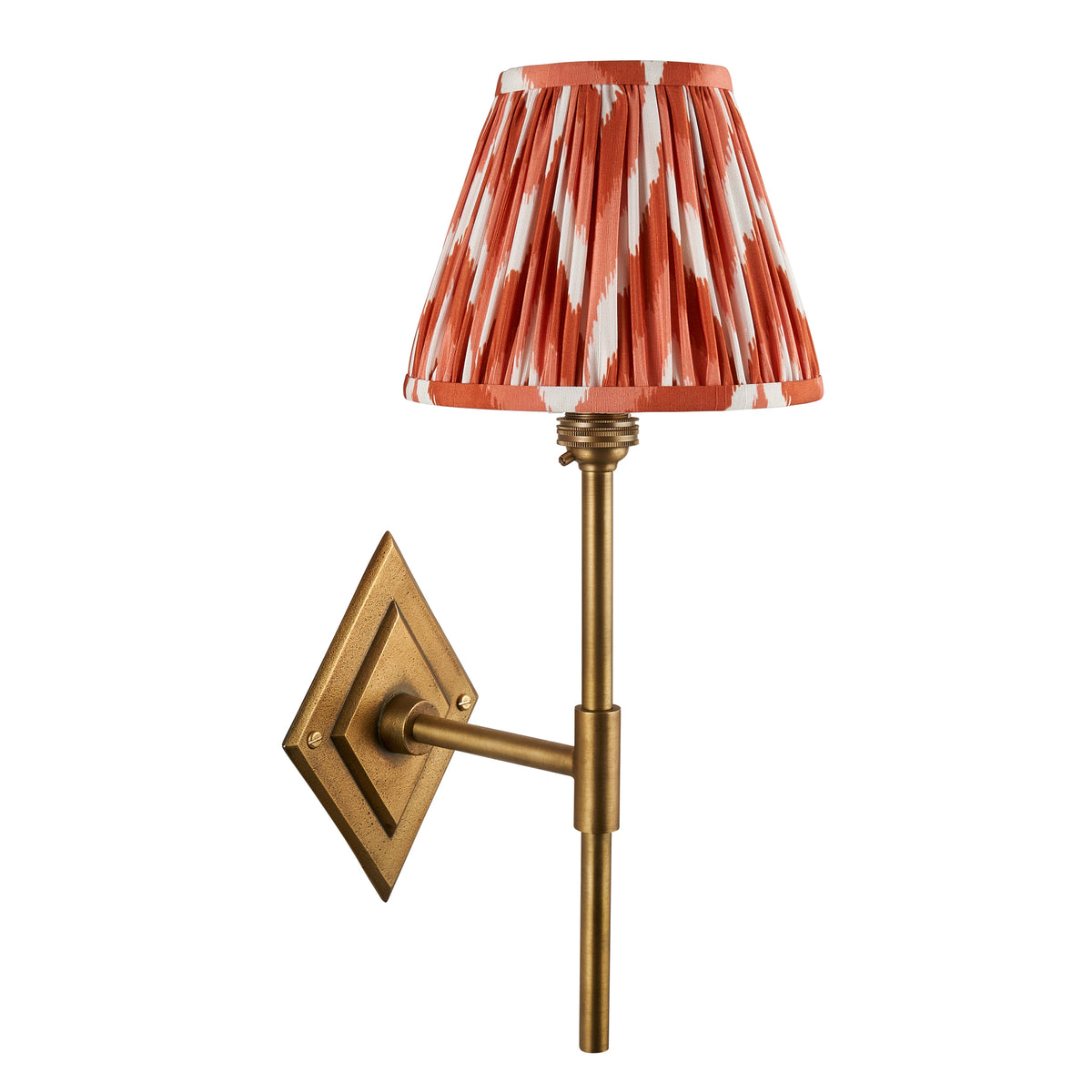 Endon Diamond Tall wall light unlit, cut out on white, antique brass diamond backplate and stem with apricot orange zigzag pleated shade