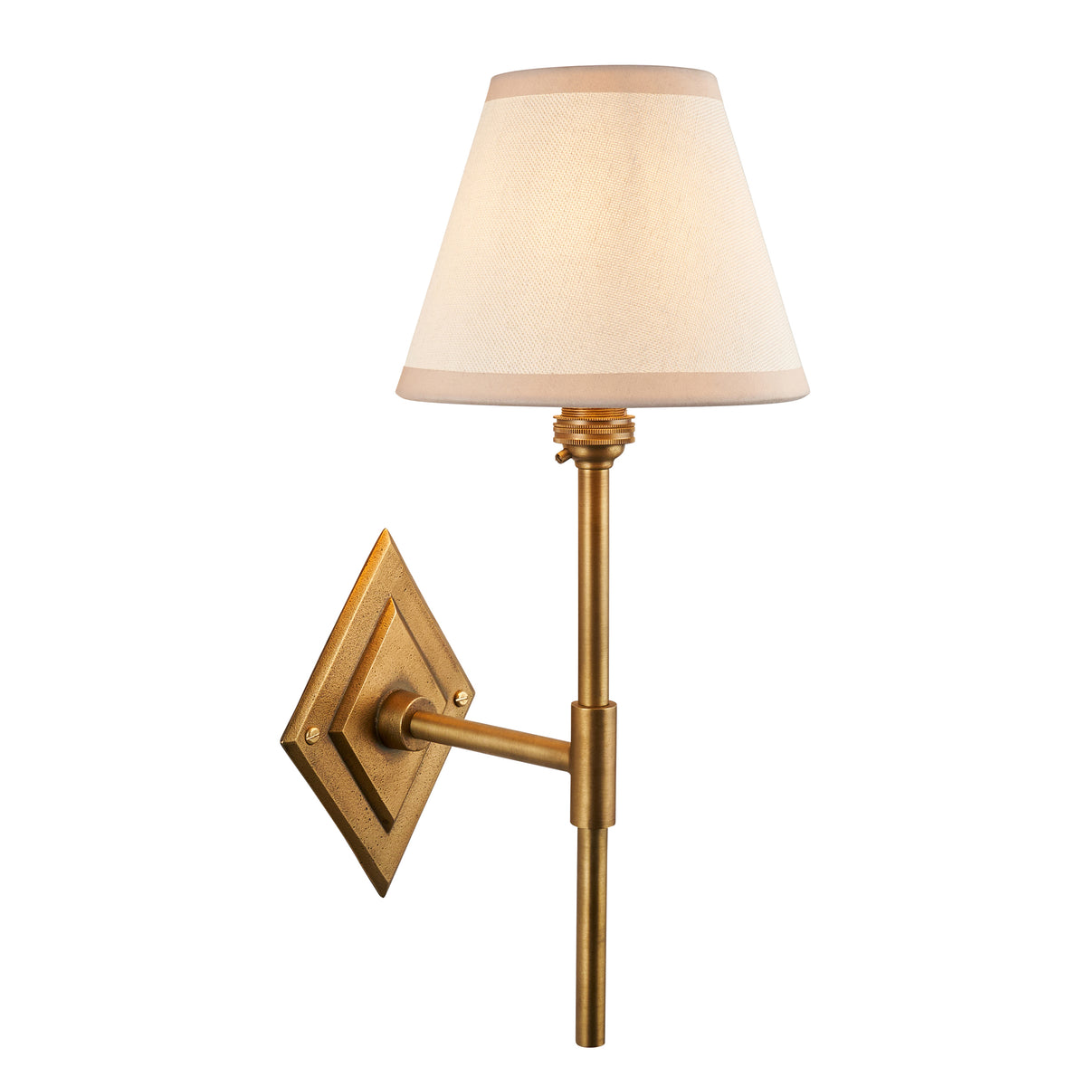 Endon Diamond Tall wall light in antique brass with vintage white Ivy shade, unlit, cut out on a white background