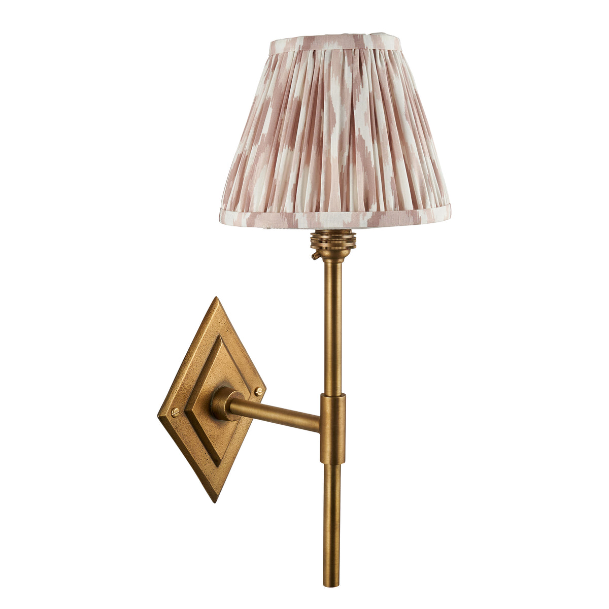 Endon Diamond Tall wall light unlit, cut out on white, antique brass diamond backplate and stem with a pink and cream ikat shade