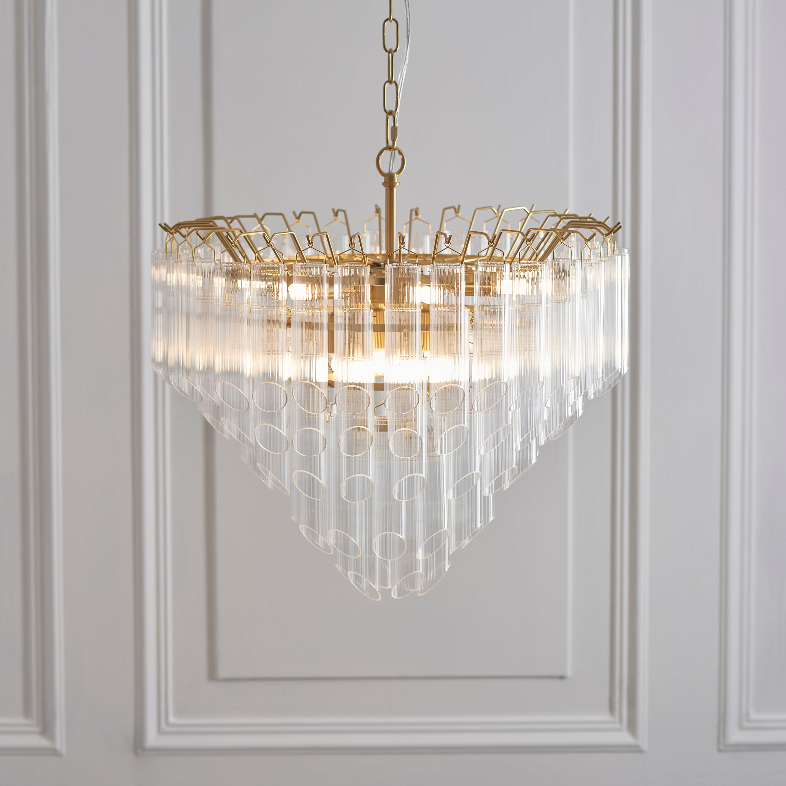 Endon Toulouse 12 Light Pendant - Satin Brass Plate & Clear Ribbed Glass - Angled Edge