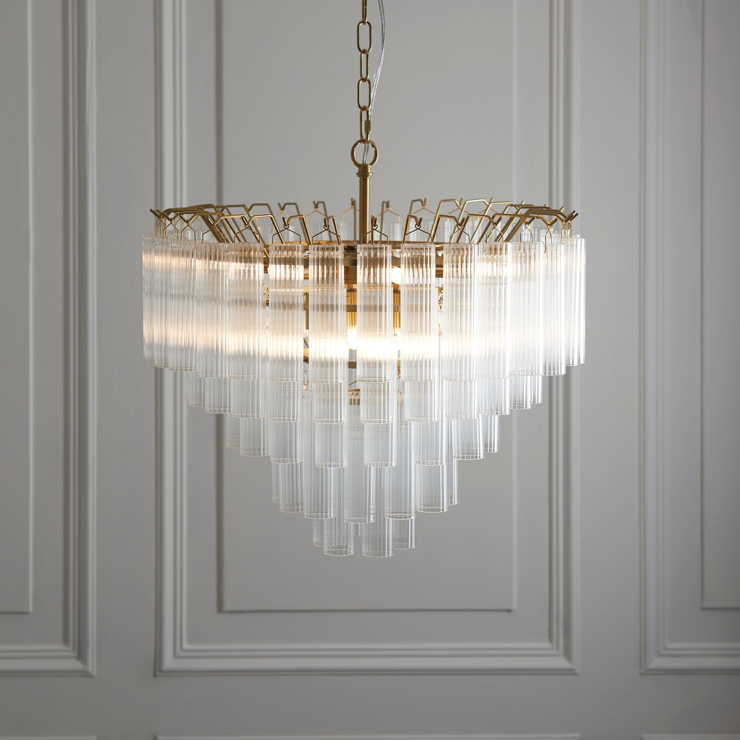 Endon Toulouse 12 Light Pendant - Satin Brass Plate & Clear Ribbed Glass - Flat Edge