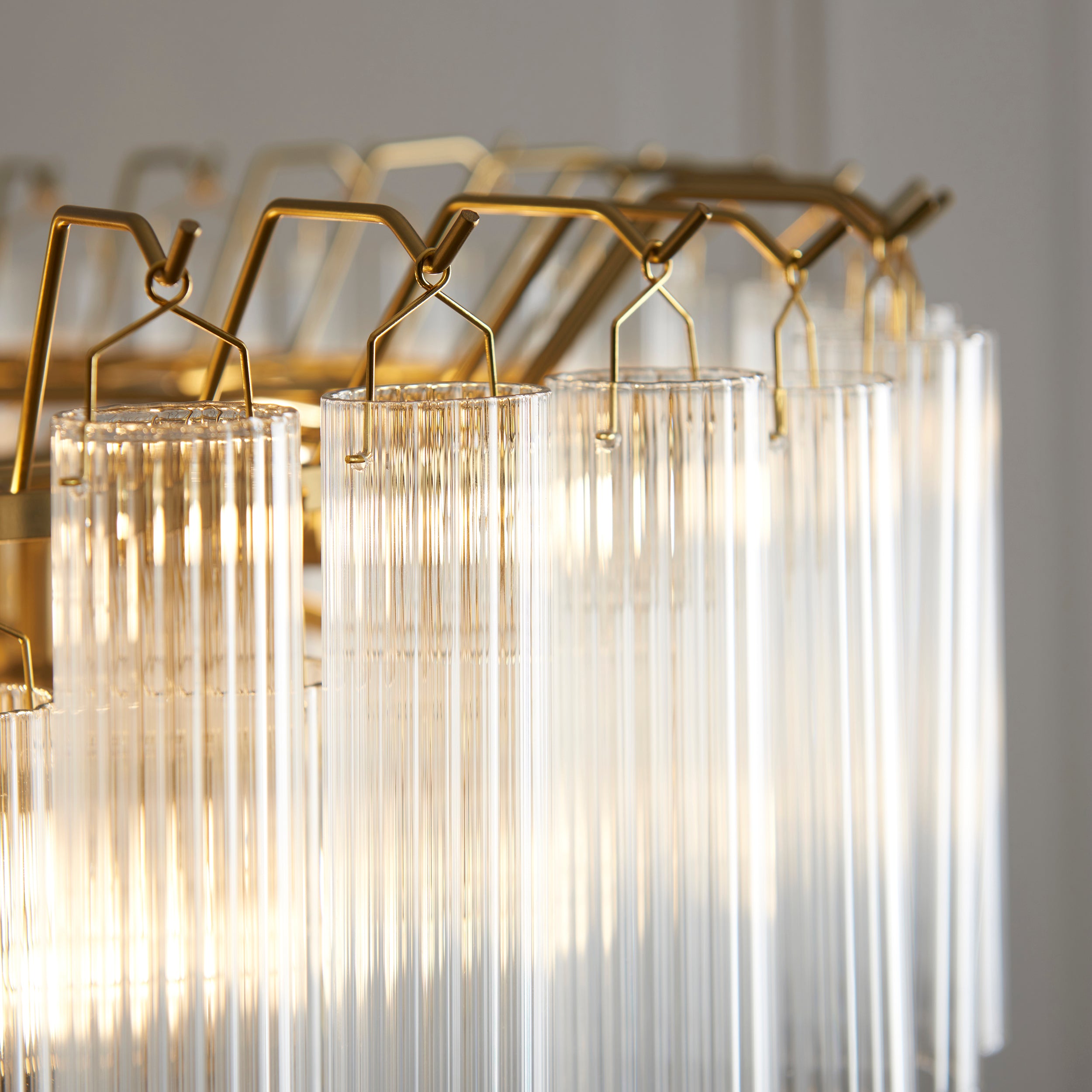 Endon Toulouse 12 Light Pendant - Satin Brass Plate & Clear Ribbed Glass - Flat Edge