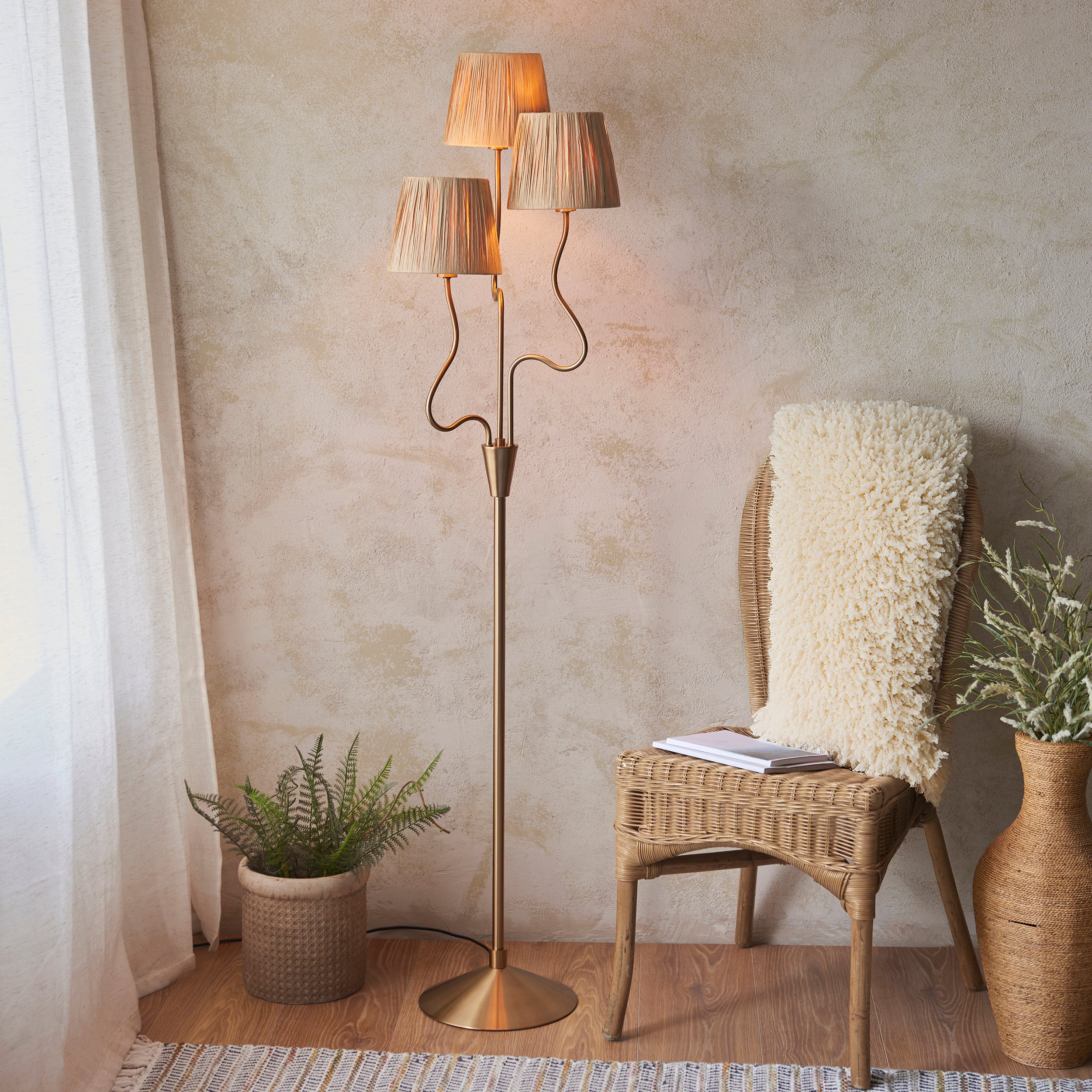 Endon Wriggle 3 Light Floor - Brushed Aged Brass Plate & Natural Raffia