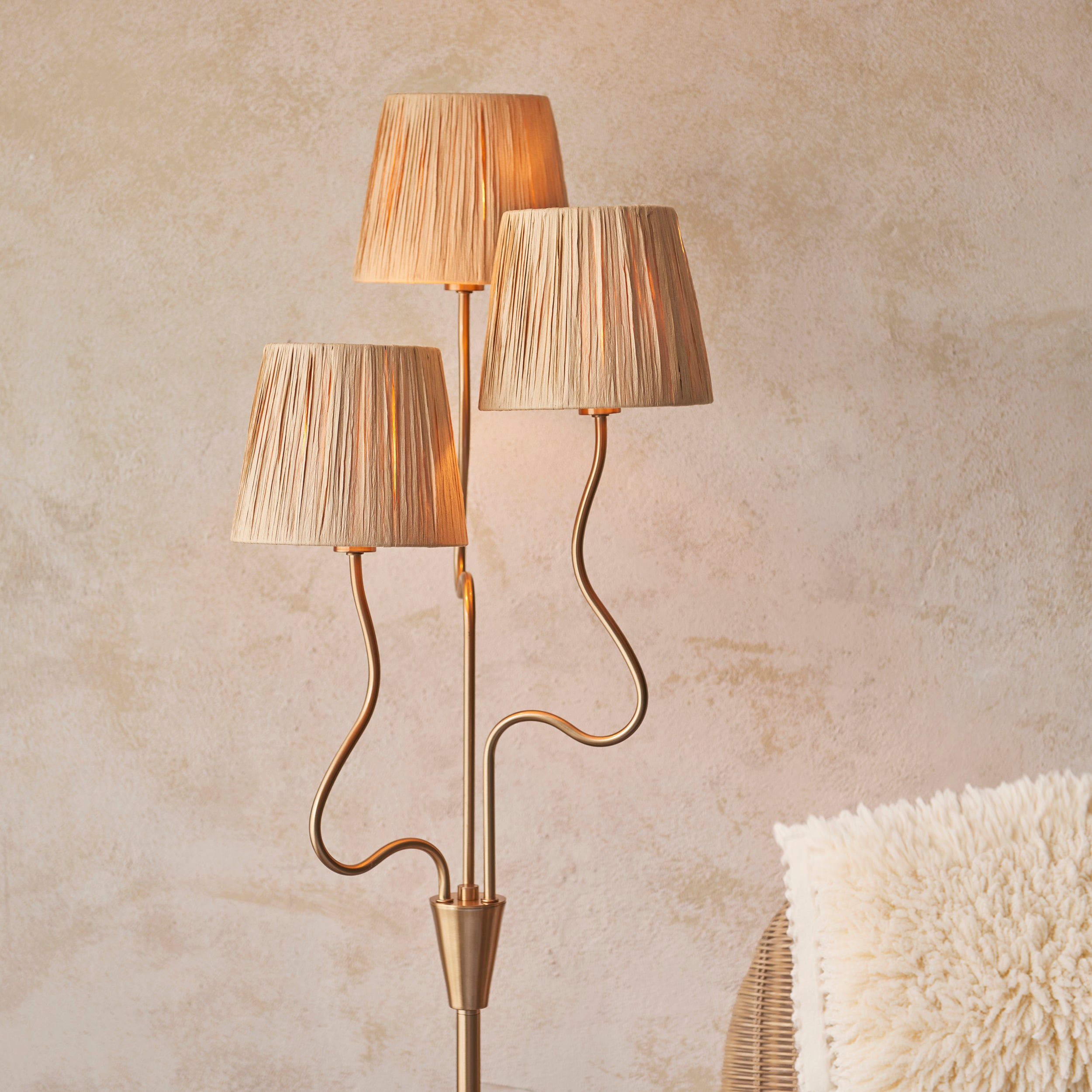Endon Wriggle 3 Light Floor - Brushed Aged Brass Plate & Natural Raffia
