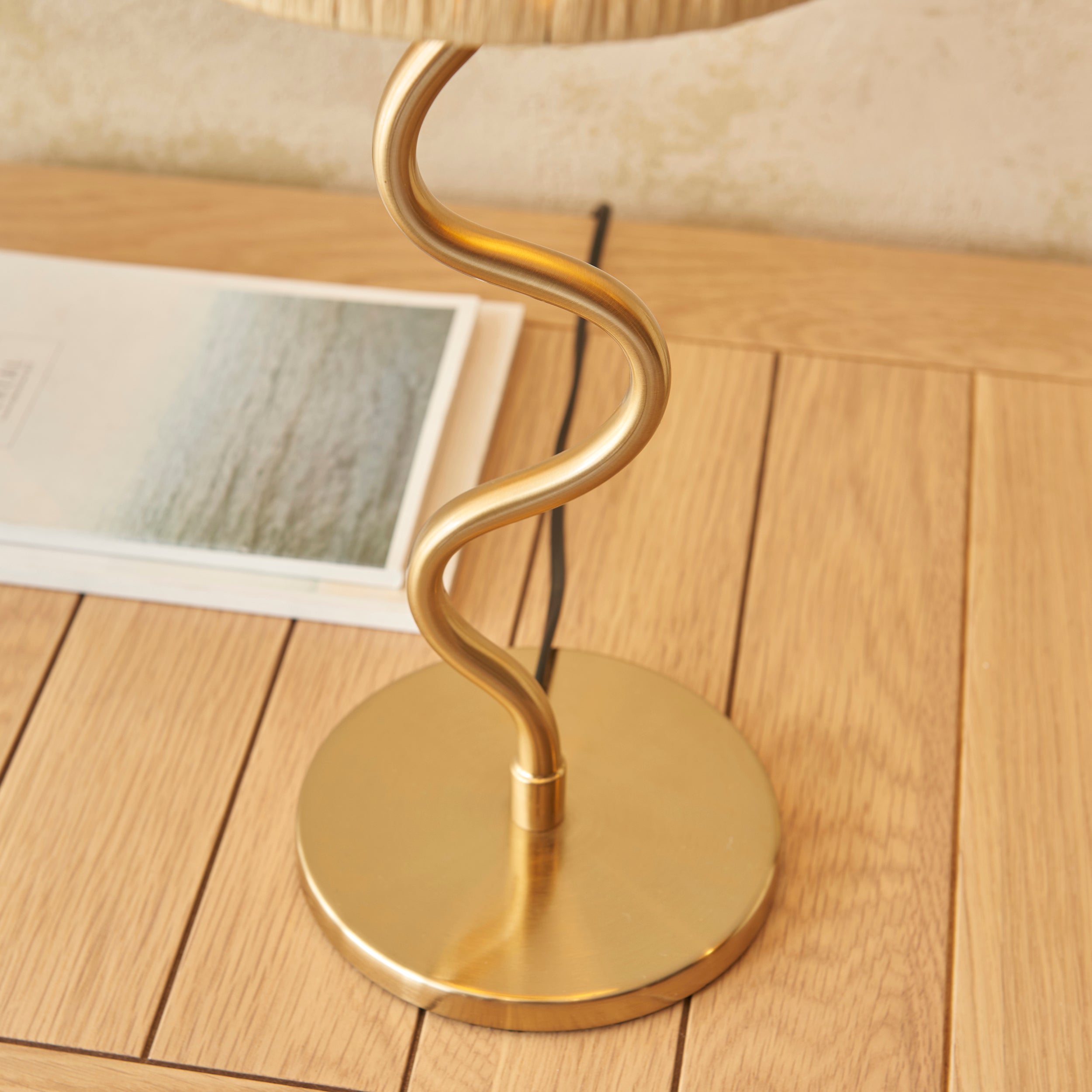 Endon Wriggle Single Light Table Lamp - Brushed Aged Brass Plate & Natural Raffia