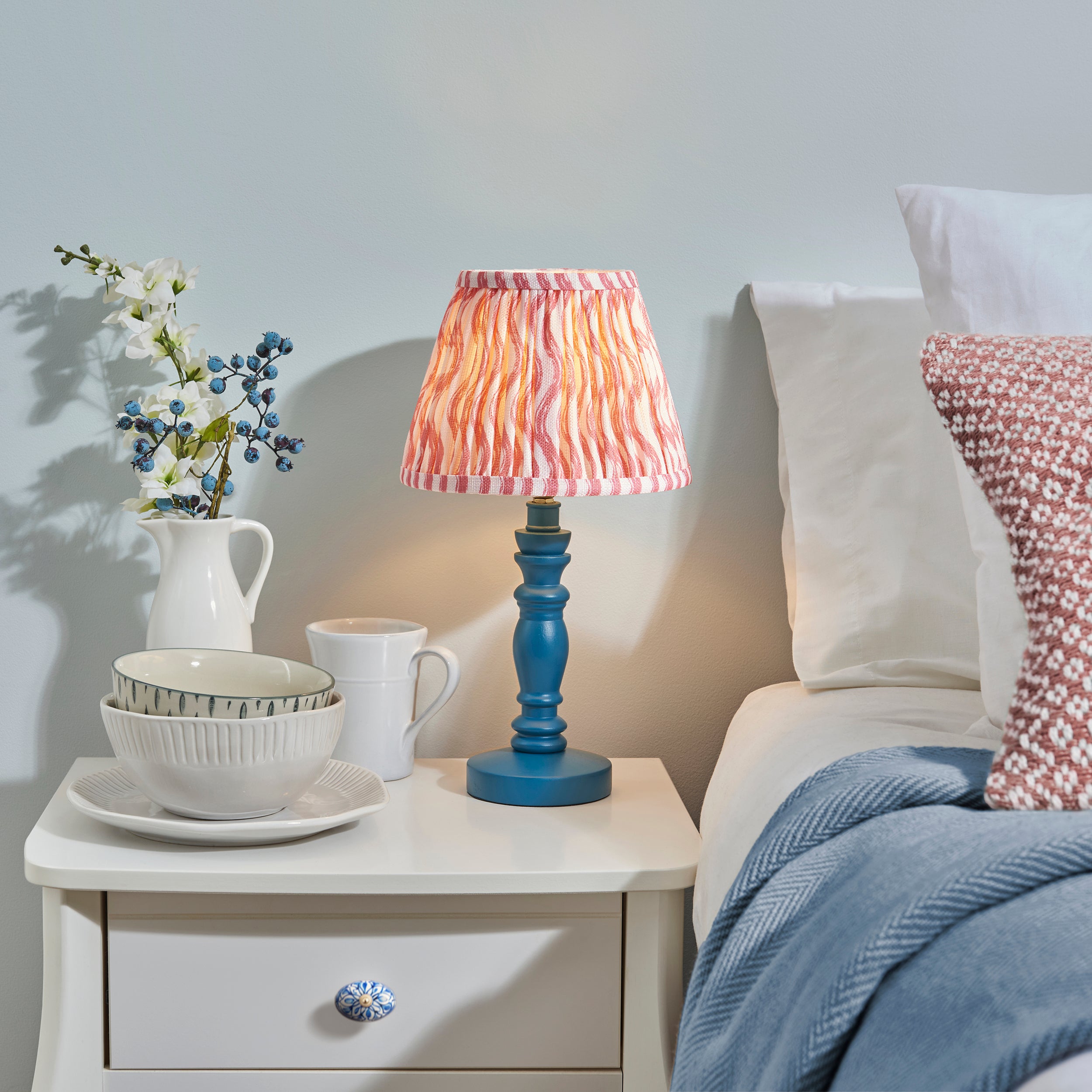 Endon Bibury Satin Marlin Blue Table Lamp & Ripple 20cm Coral Pink Shade