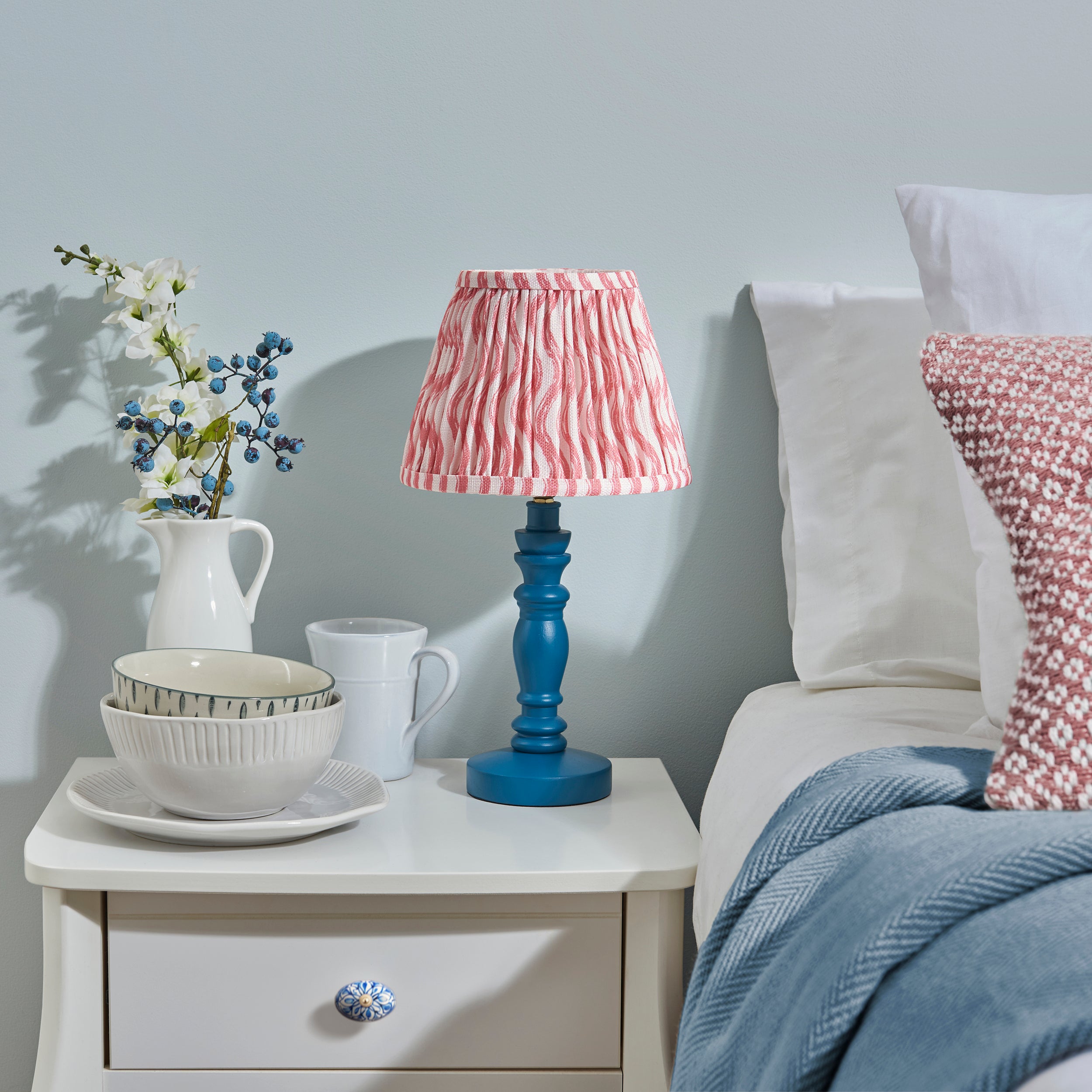 Endon Bibury Satin Marlin Blue Table Lamp & Ripple 20cm Coral Pink Shade