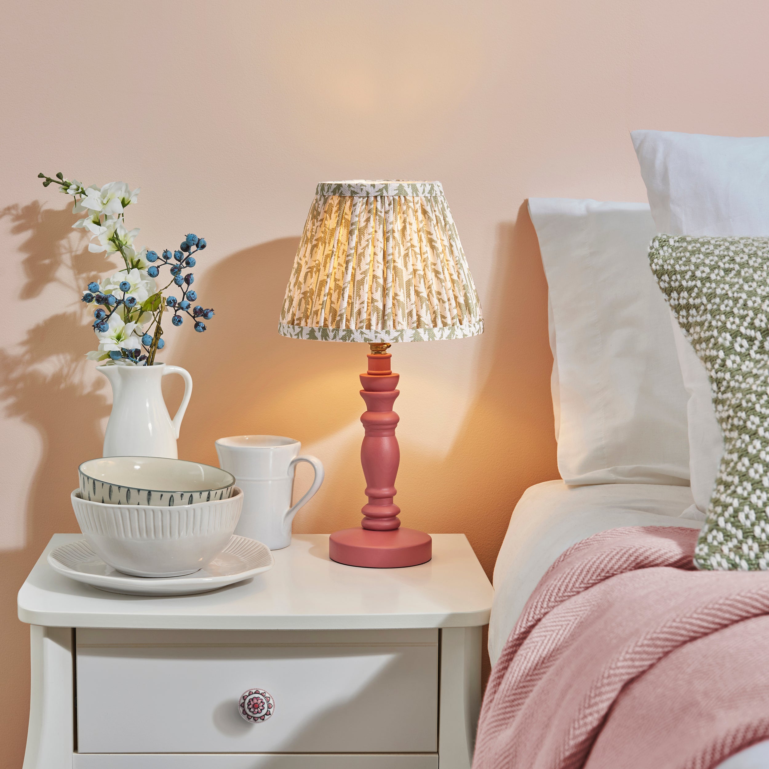 Endon Bibury Satin Pink Clay Table Lamp & Leaf 20cm Herb Garden Green Shade