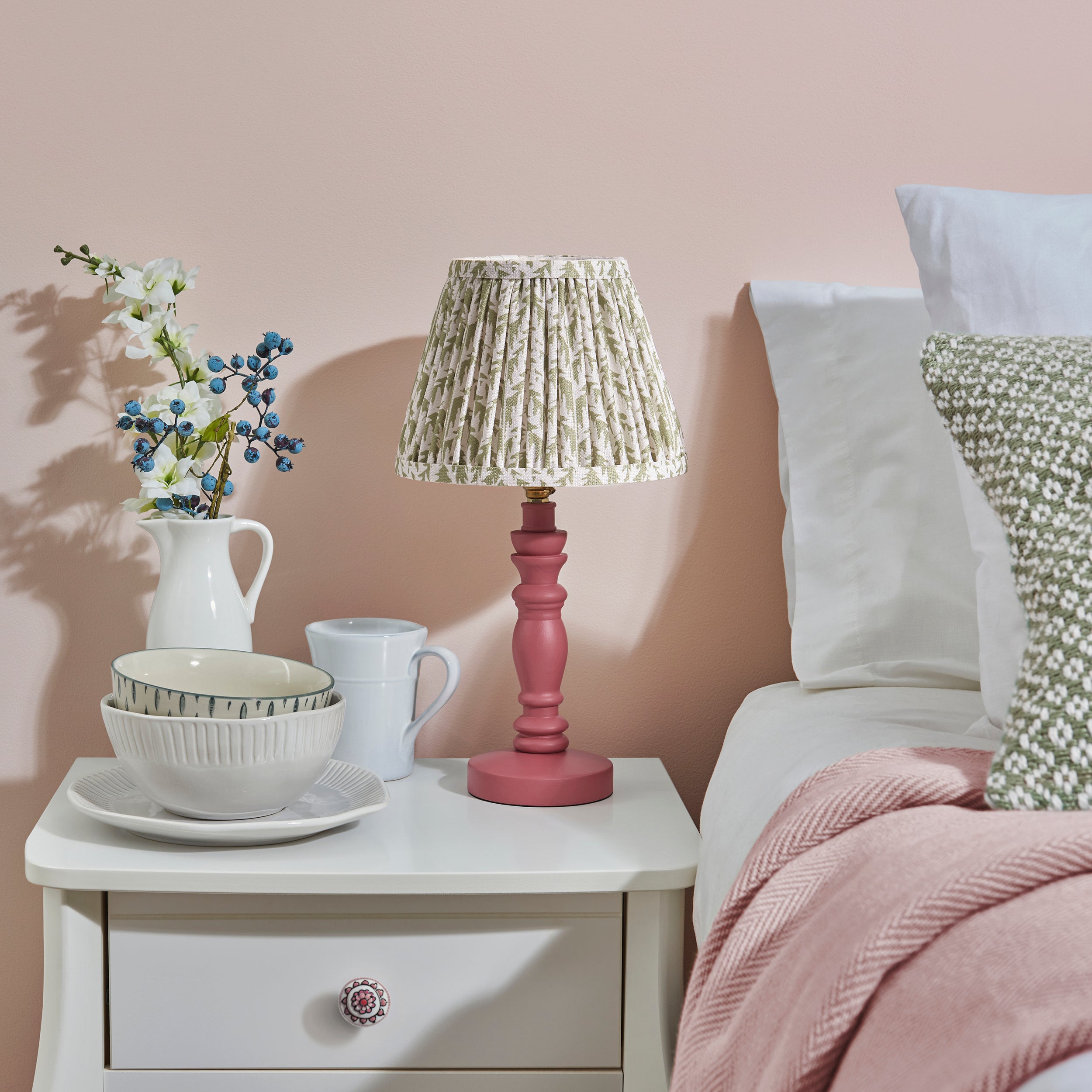 Endon Bibury Satin Pink Clay Table Lamp & Leaf 20cm Herb Garden Green Shade