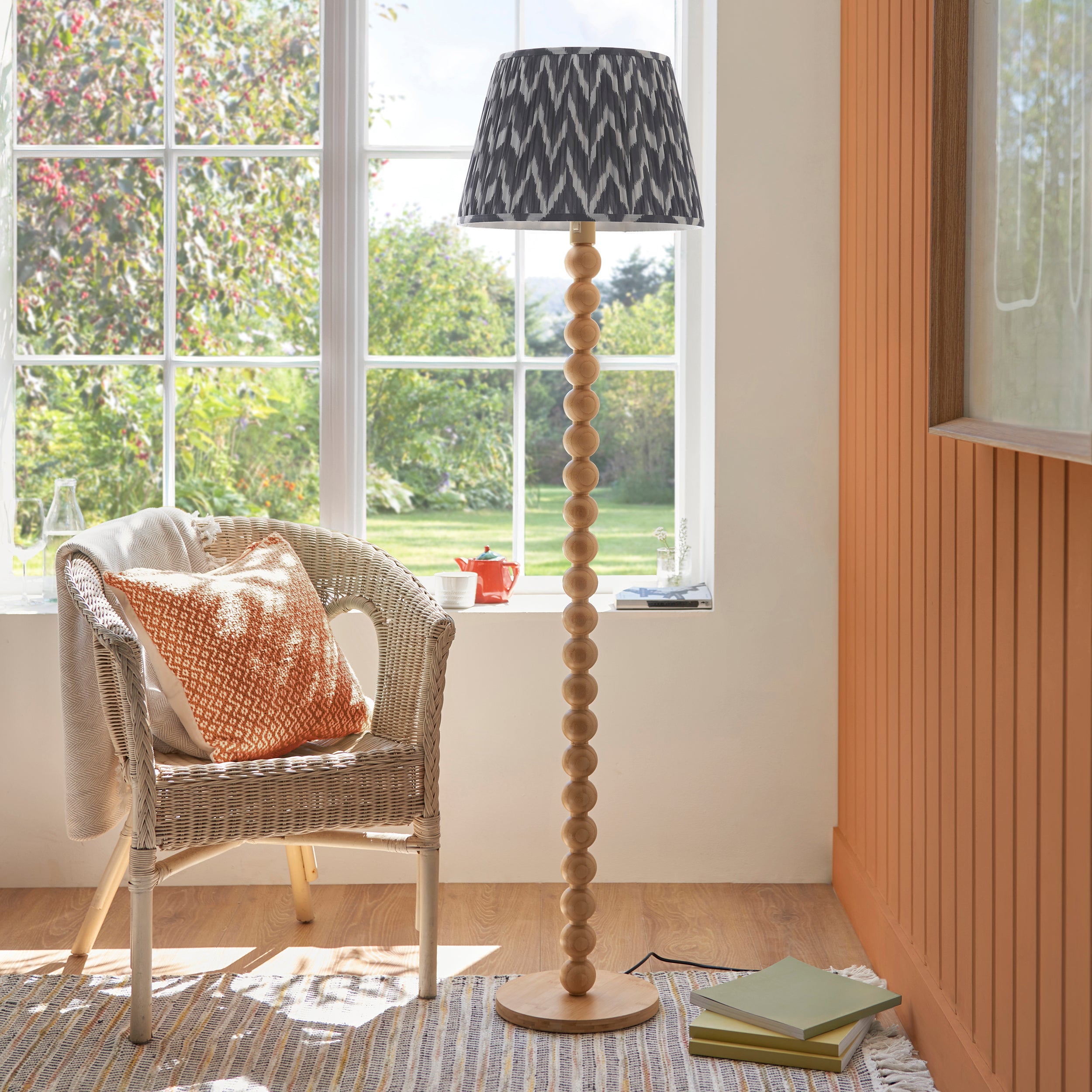 Endon Cane Floor Lamp & Zigzag 40cm Pearl Grey Shade