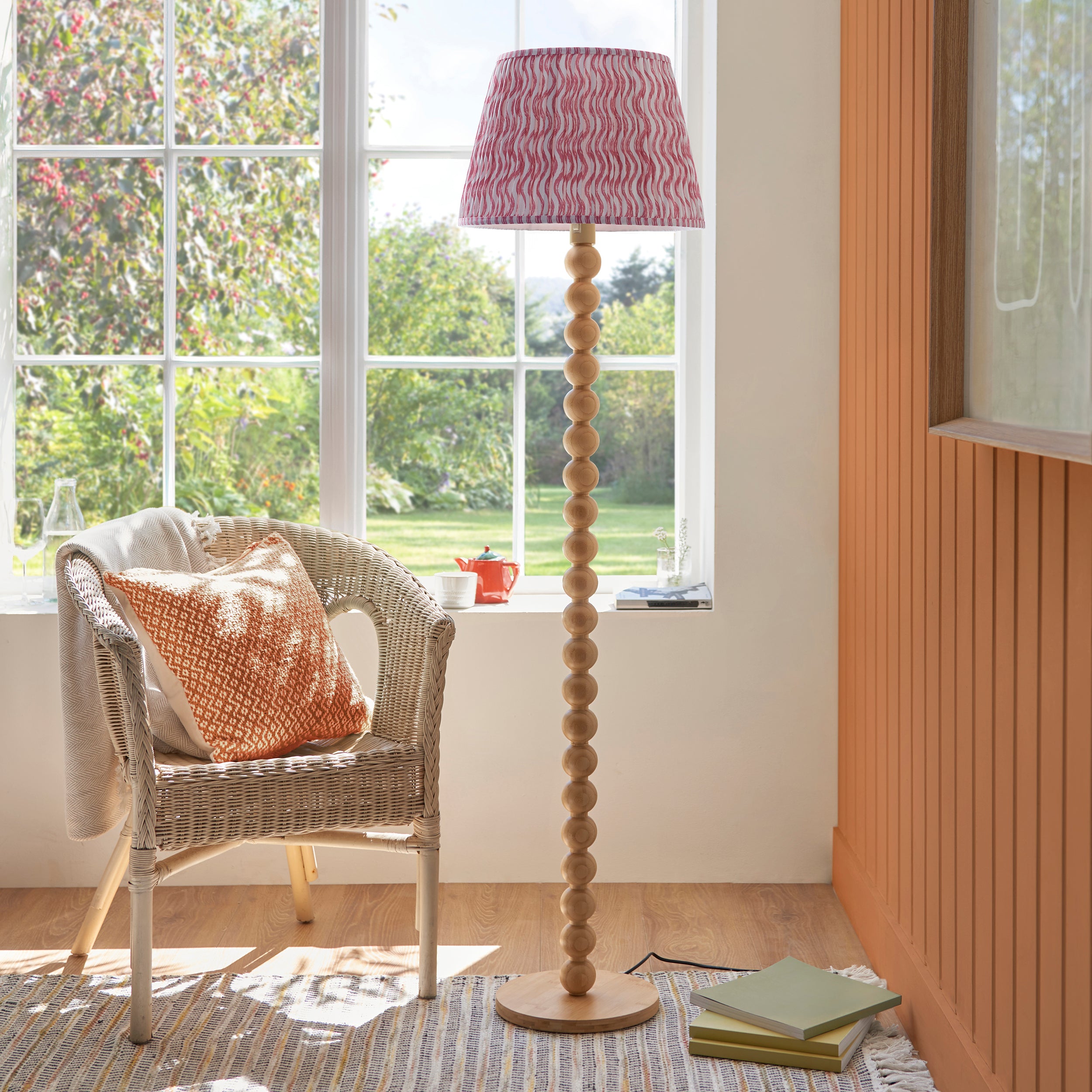 Endon Cane Floor Lamp & Ripple 40cm Coral Pink Shade