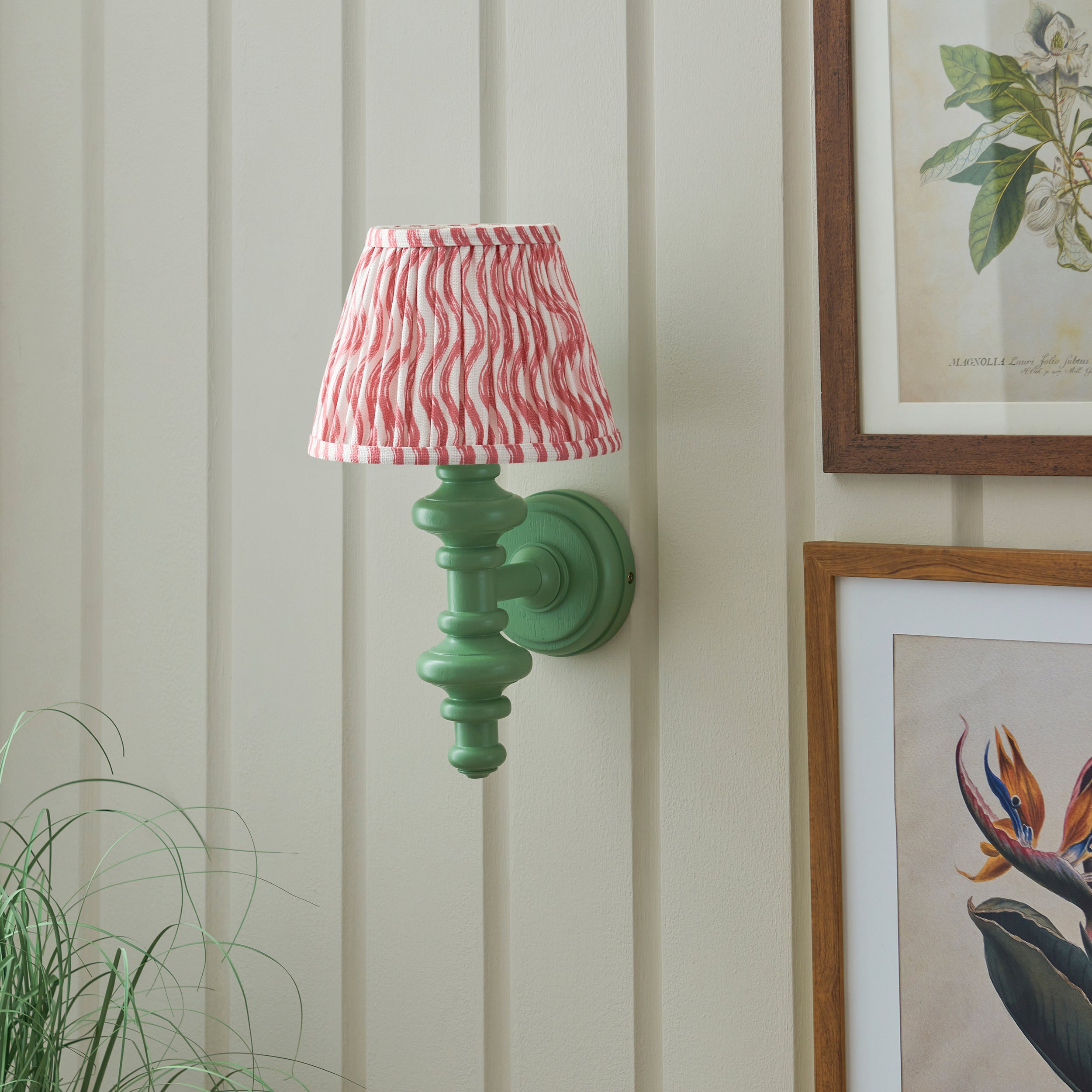 Endon Carnaby Satin Cotswold Green Wall Light & Ripple 20cm Coral Pink Shade