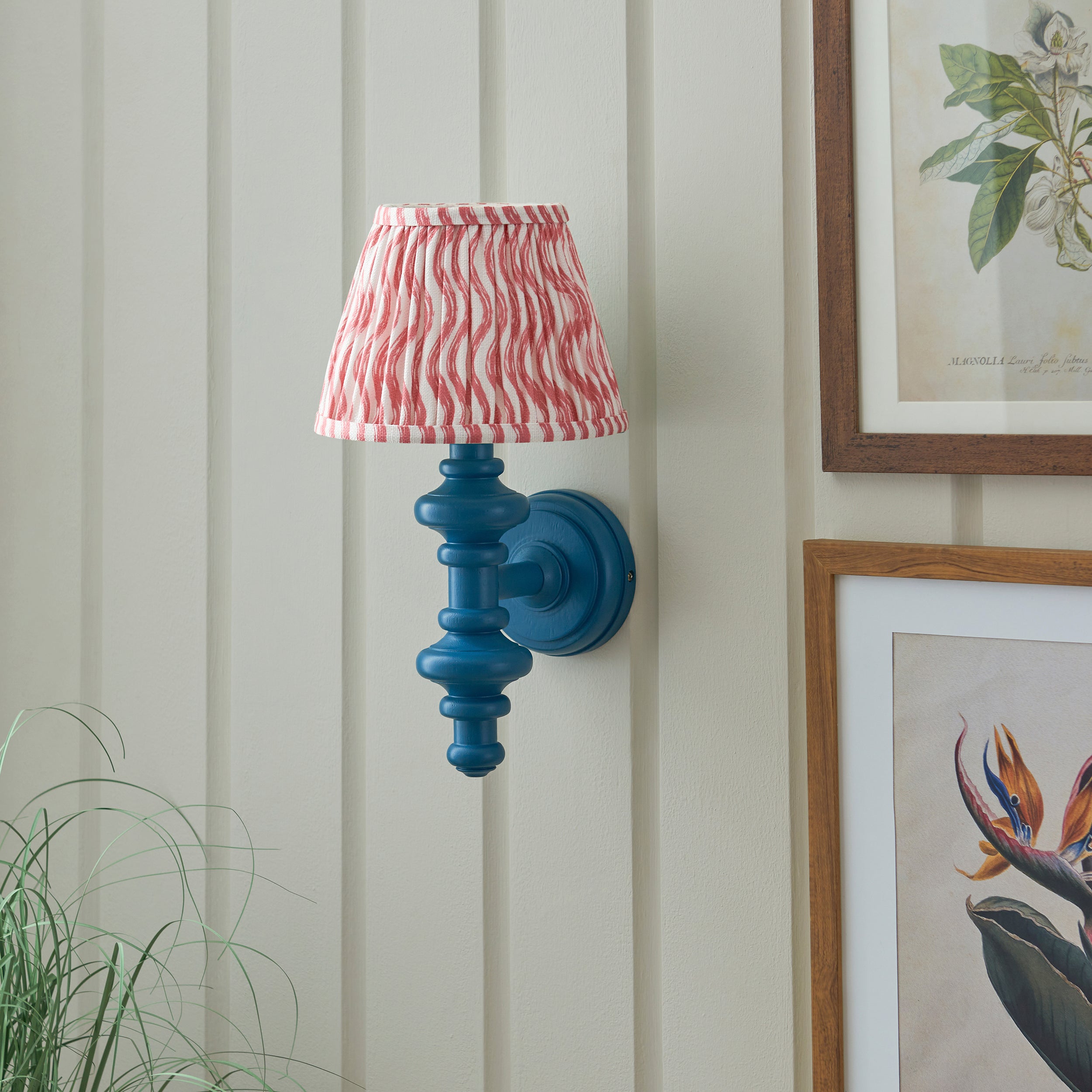 Endon Carnaby Satin Marlin Blue Wall Light & Ripple 20cm Coral Pink Shade