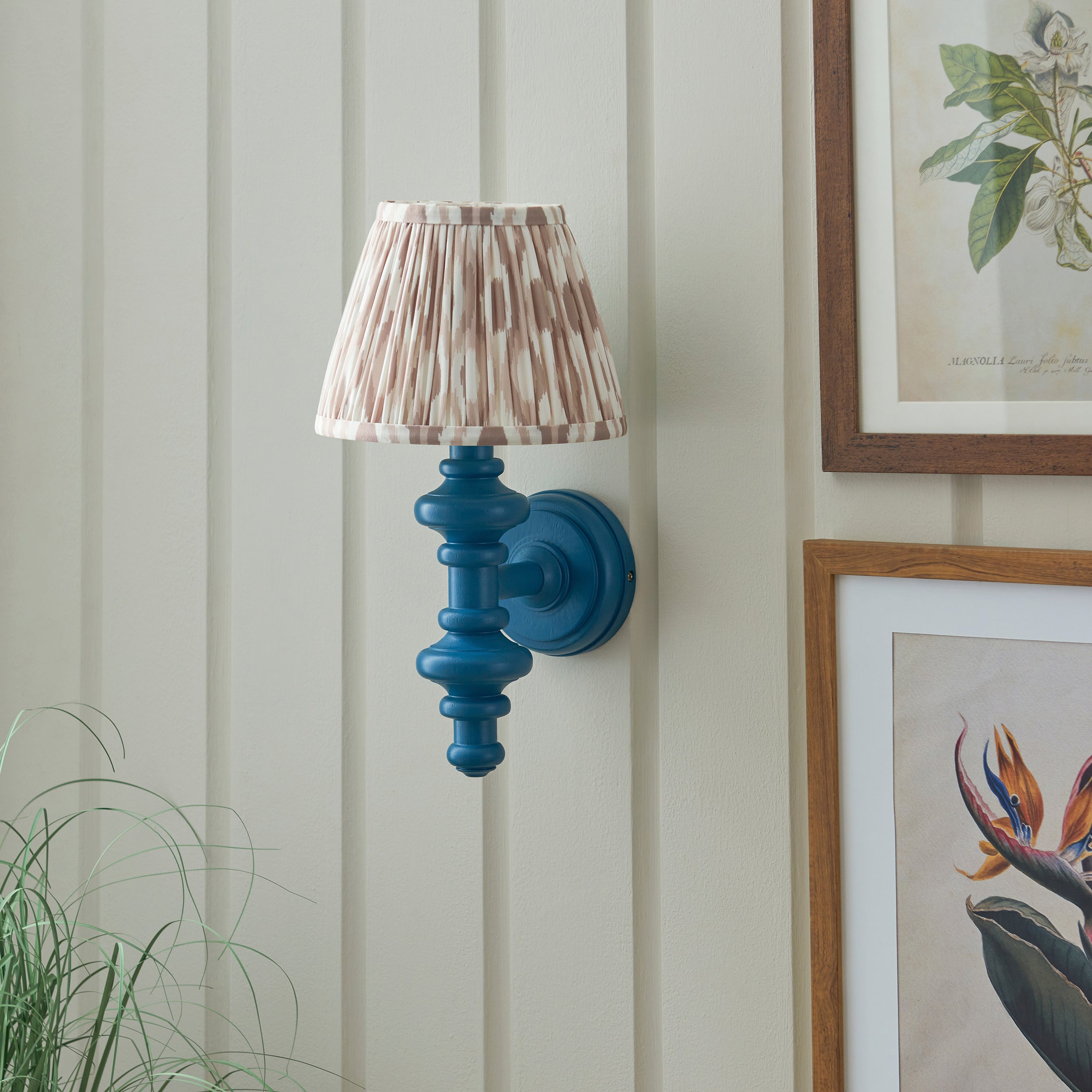 Endon Carnaby Satin Marlin Blue Wall Light & Ikat 20cm Neutral Shade