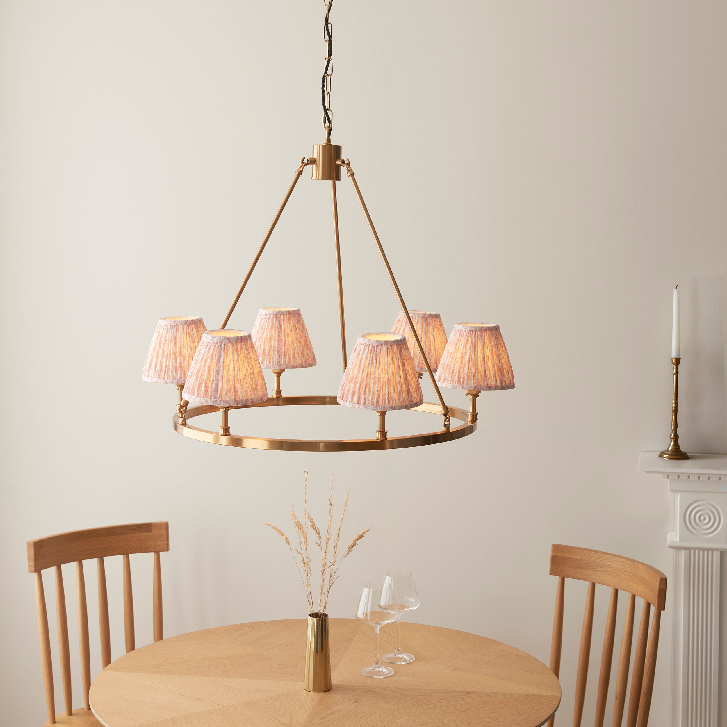 Endon Chester Aged Brass Plate 6 Light Pendant & Leaf 16cm Peachy Keen Shade