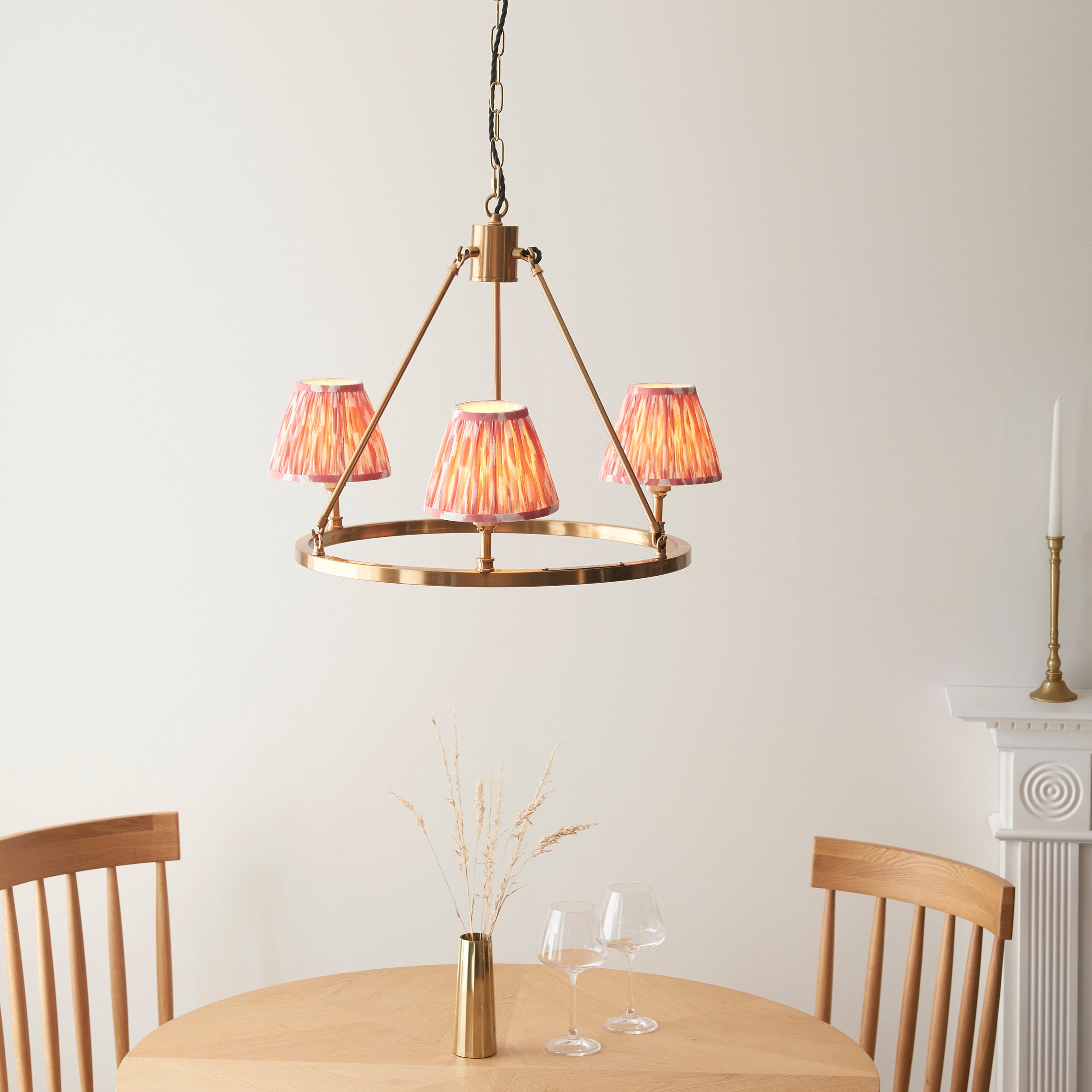 Endon Chester Aged Brass Plate 3 Light Pendant & Ikat 16cm Coral Pink Shade