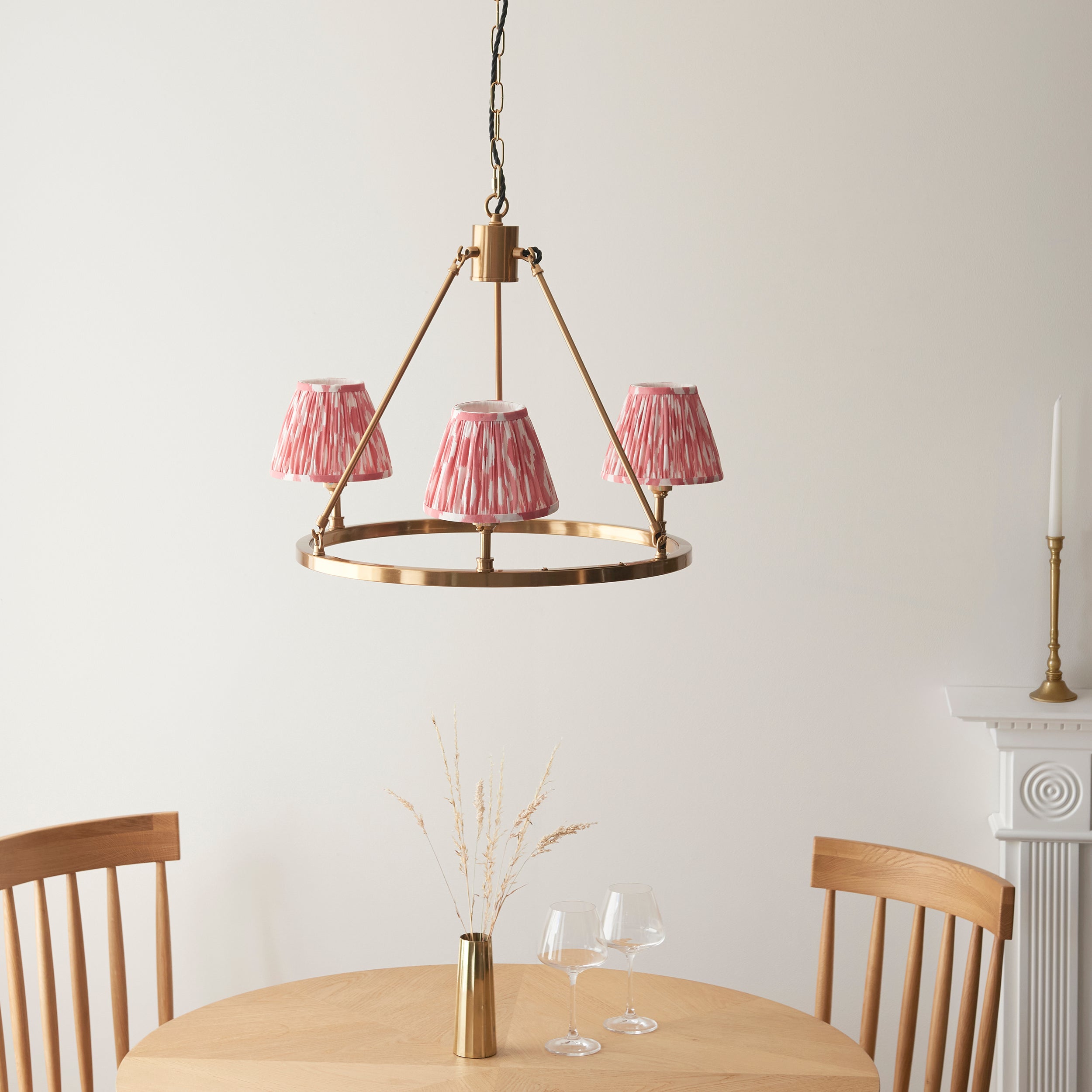 Endon Chester Aged Brass Plate 3 Light Pendant & Ikat 16cm Coral Pink Shade