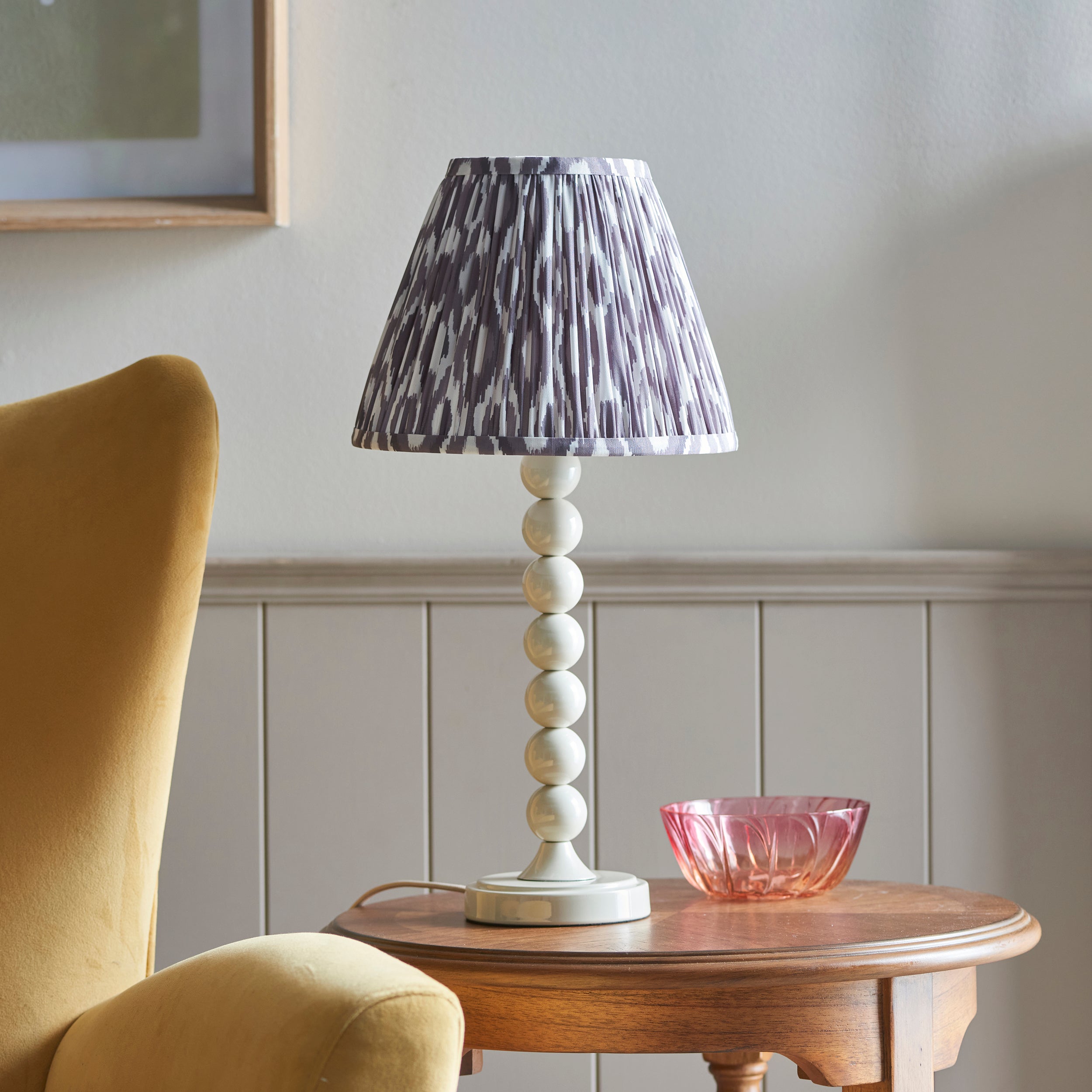 Endon Higgledy Gloss Almond White Table Lamp & Ikat 25cm Pearl Grey Shade