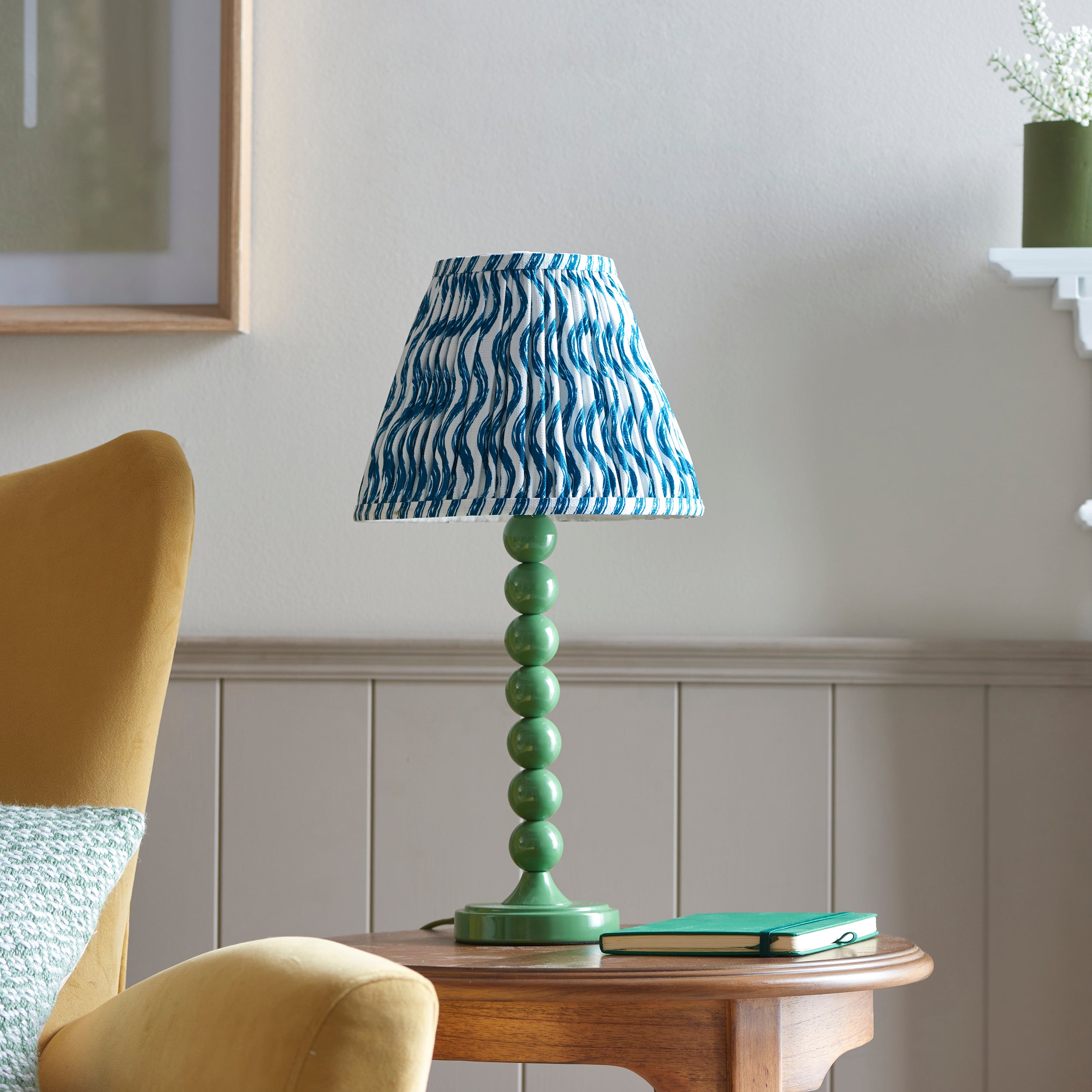 Endon Higgledy Gloss Cotswold Green Table Lamp & Ripple 25cm Marlin Blue Shade