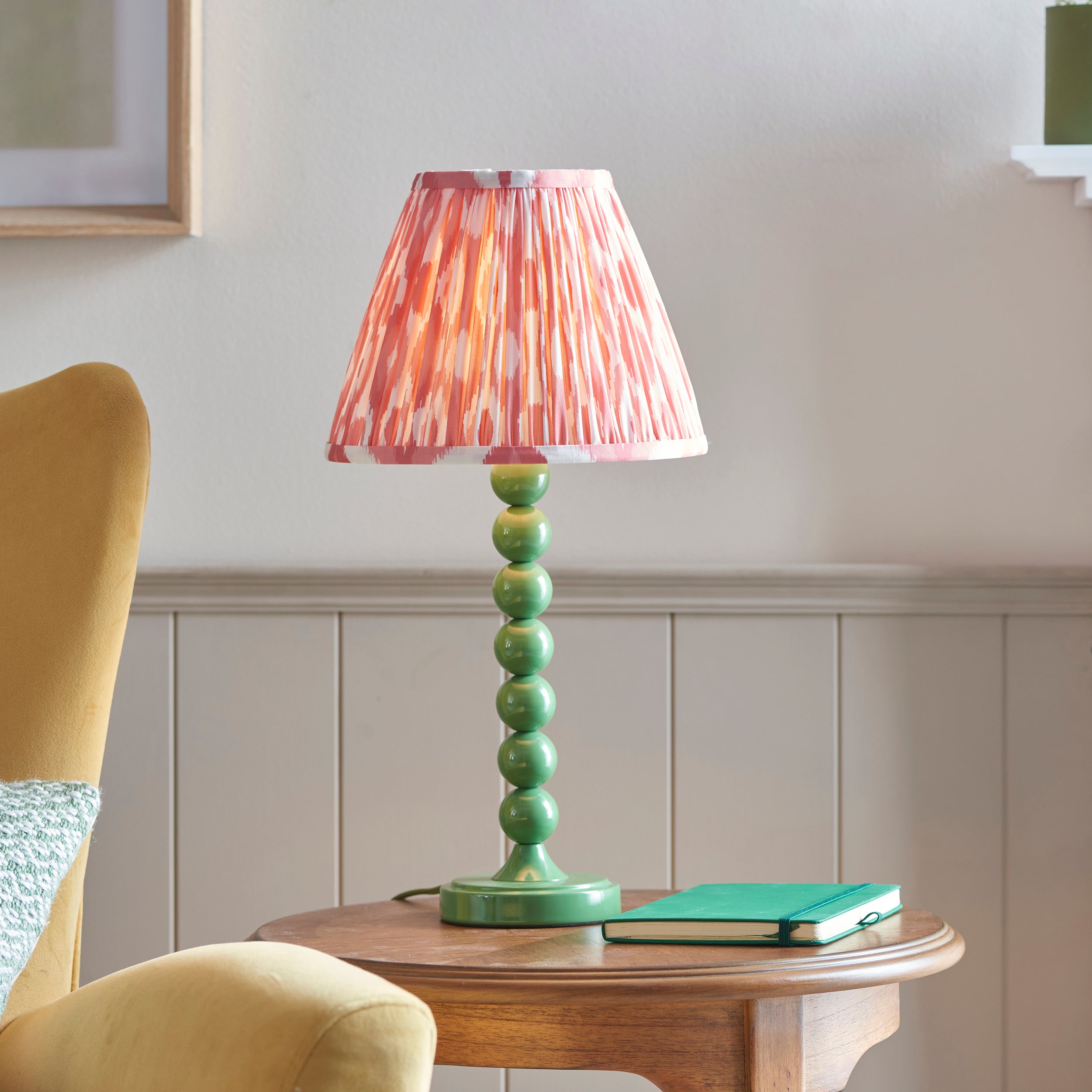 Endon Higgledy Gloss Cotswold Green Table Lamp & Ikat 25cm Coral Pink Shade