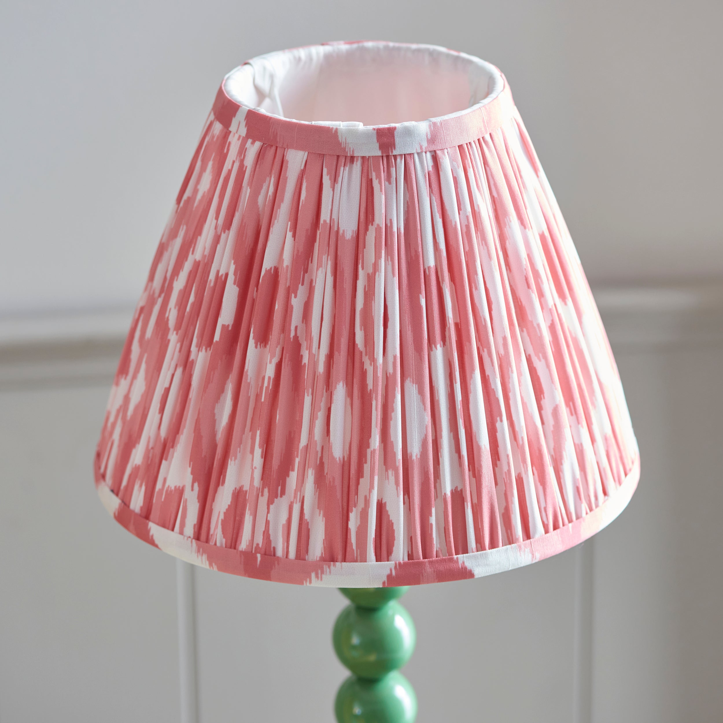Endon Higgledy Gloss Cotswold Green Table Lamp & Ikat 25cm Coral Pink Shade