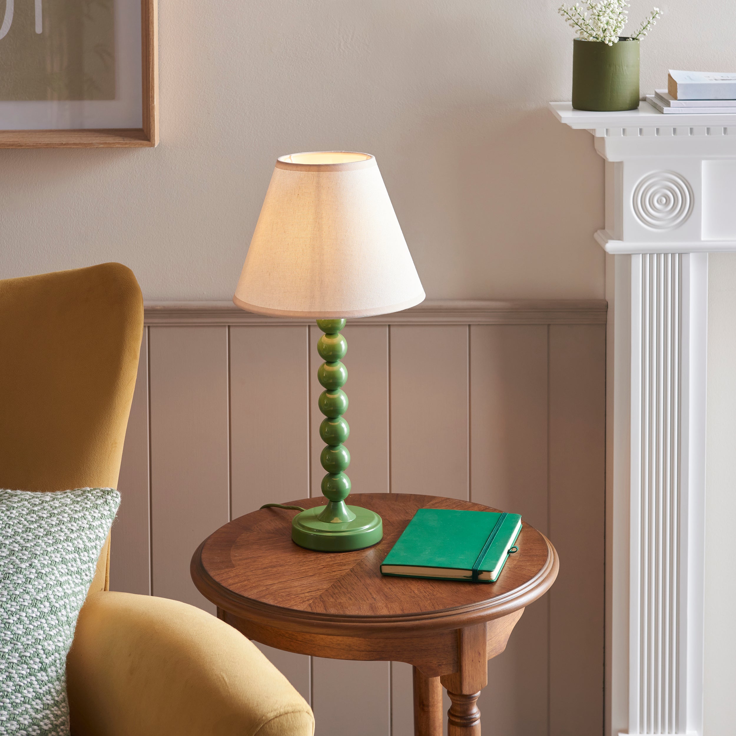 Endon Higgledy Gloss Cotswold Green Table Lamp & Ivy 25cm Vintage White Shade