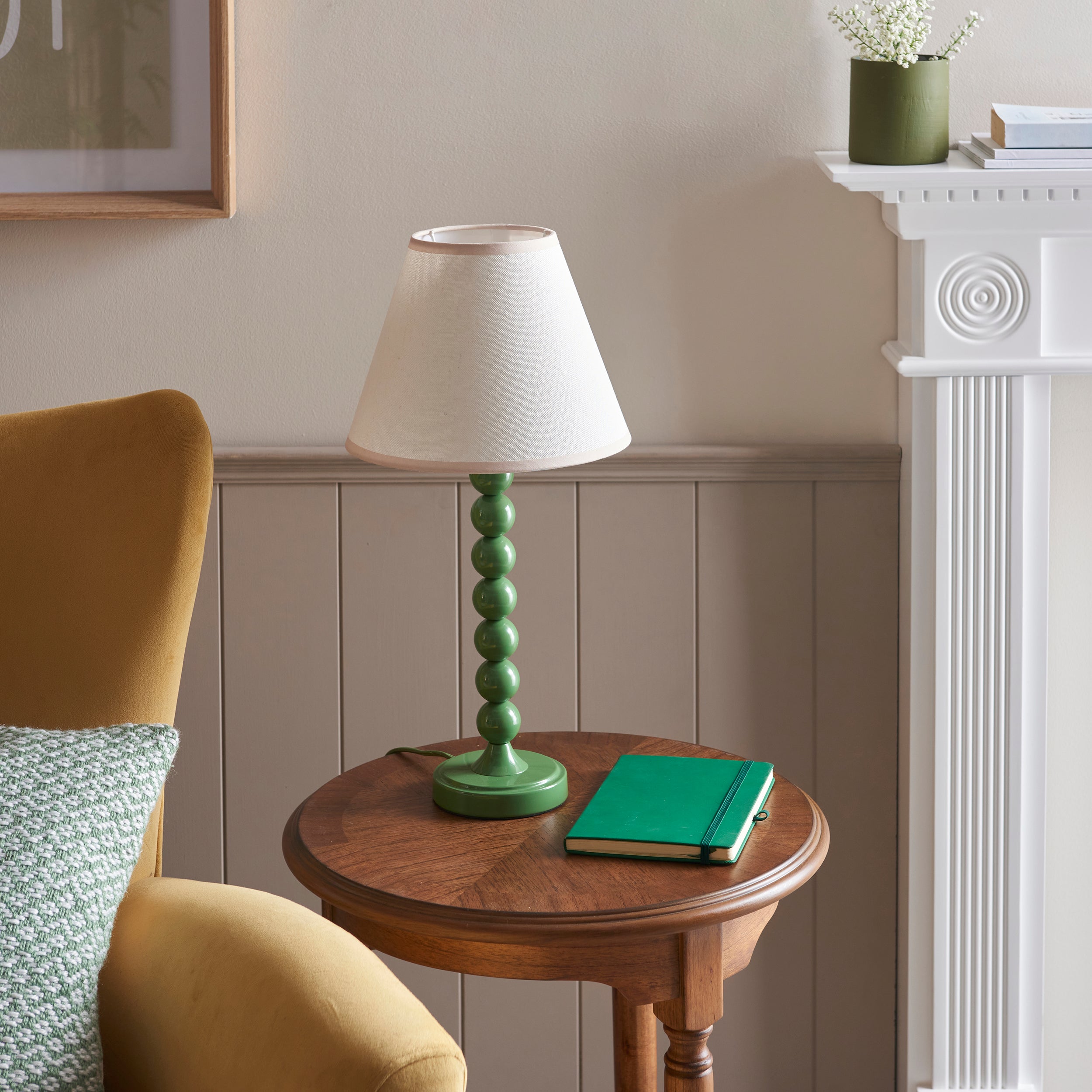 Endon Higgledy Gloss Cotswold Green Table Lamp & Ivy 25cm Vintage White Shade