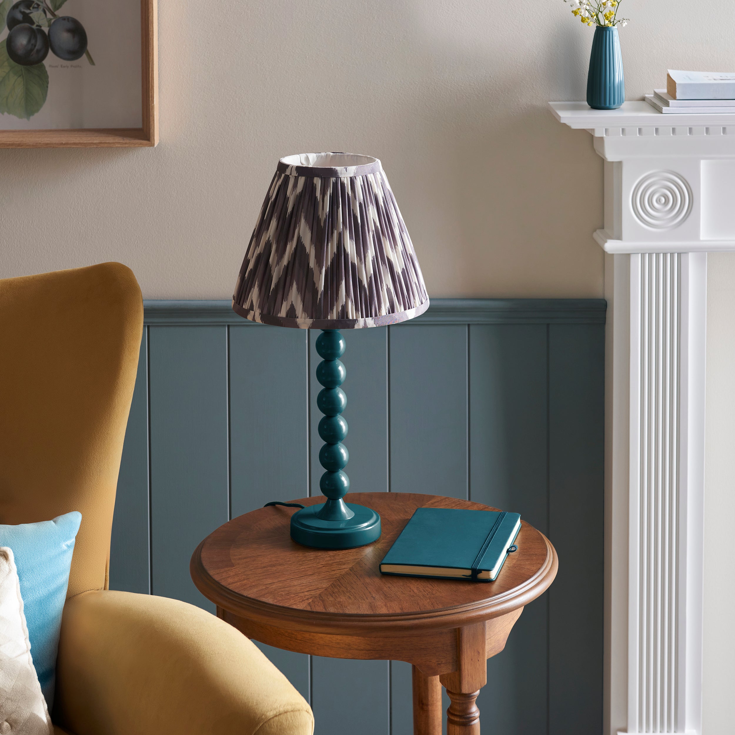 Endon Higgledy Gloss Marlin Blue Table Lamp & Zigzag 25cm Pearl Grey Shade