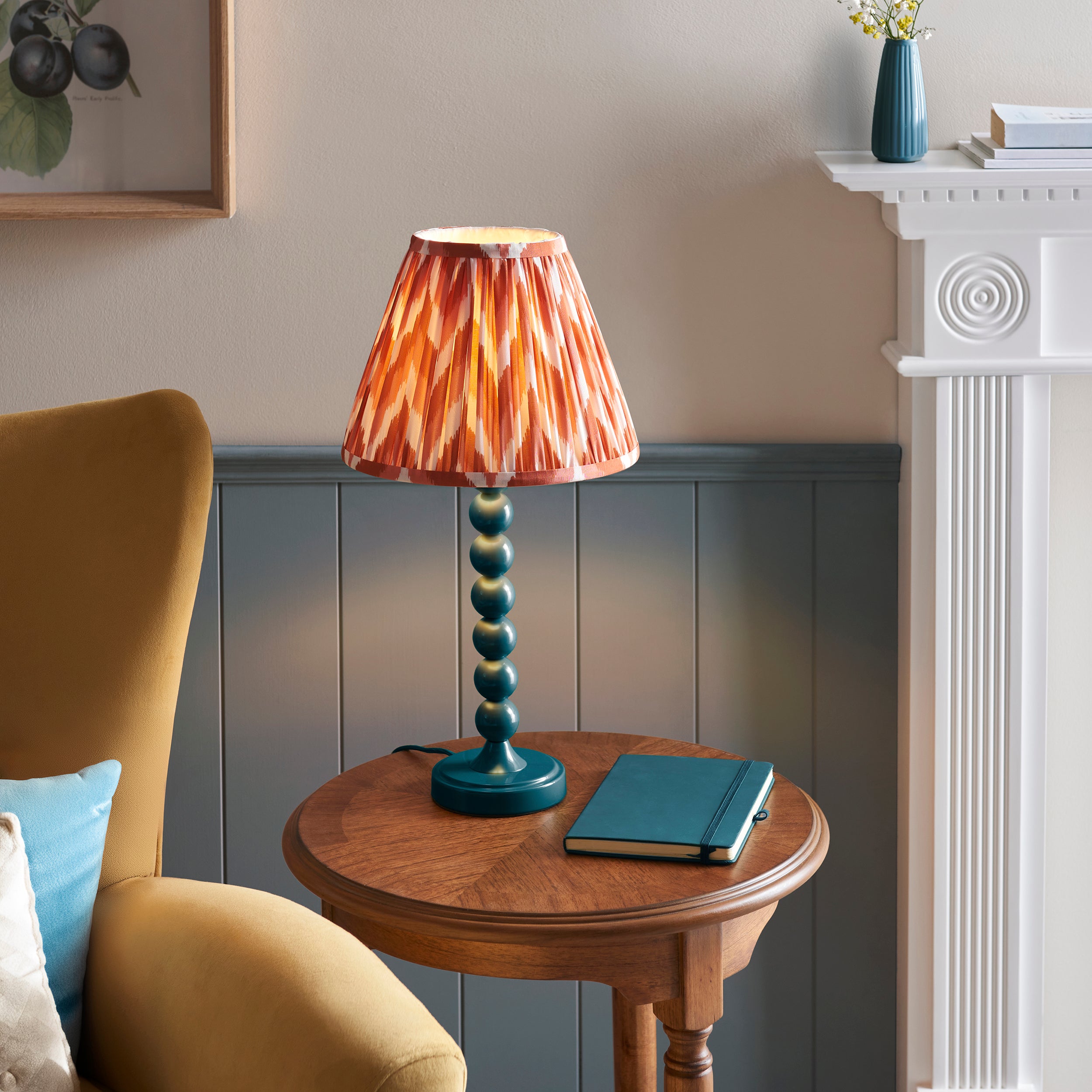 Endon Higgledy Gloss Marlin Blue Table Lamp & Zigzag 25cm Apricot Orange Shade