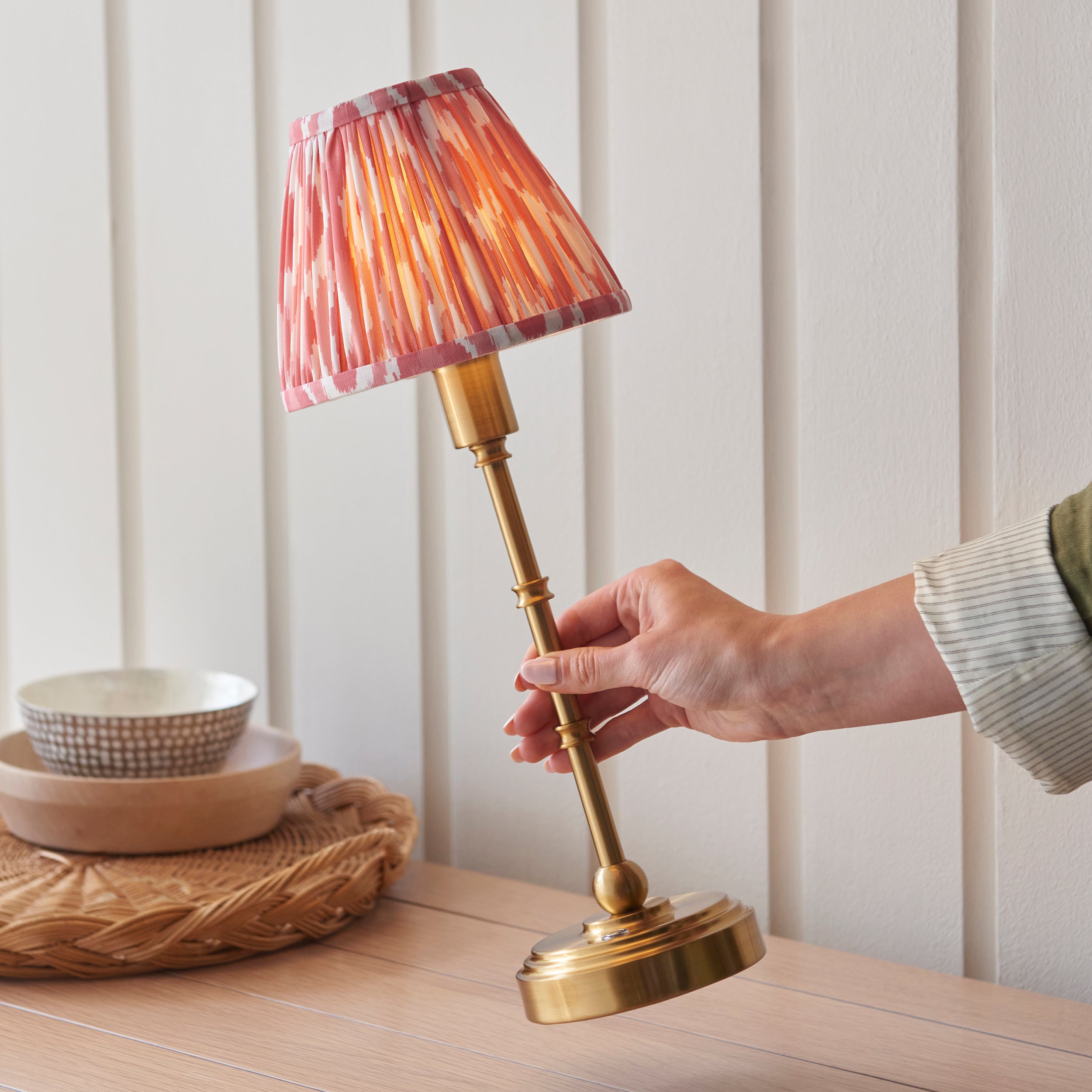 Endon Burley Rechargeable Table Lamp & Ikat 16cm Coral Pink Shade