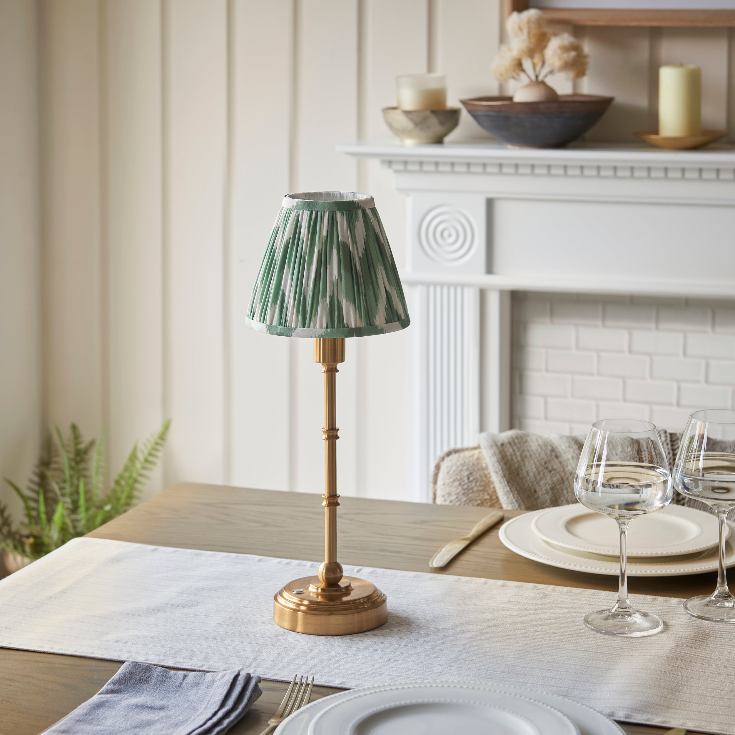 Endon Burley Rechargeable Table Lamp & Zigzag 16cm Cotswold Green Shade