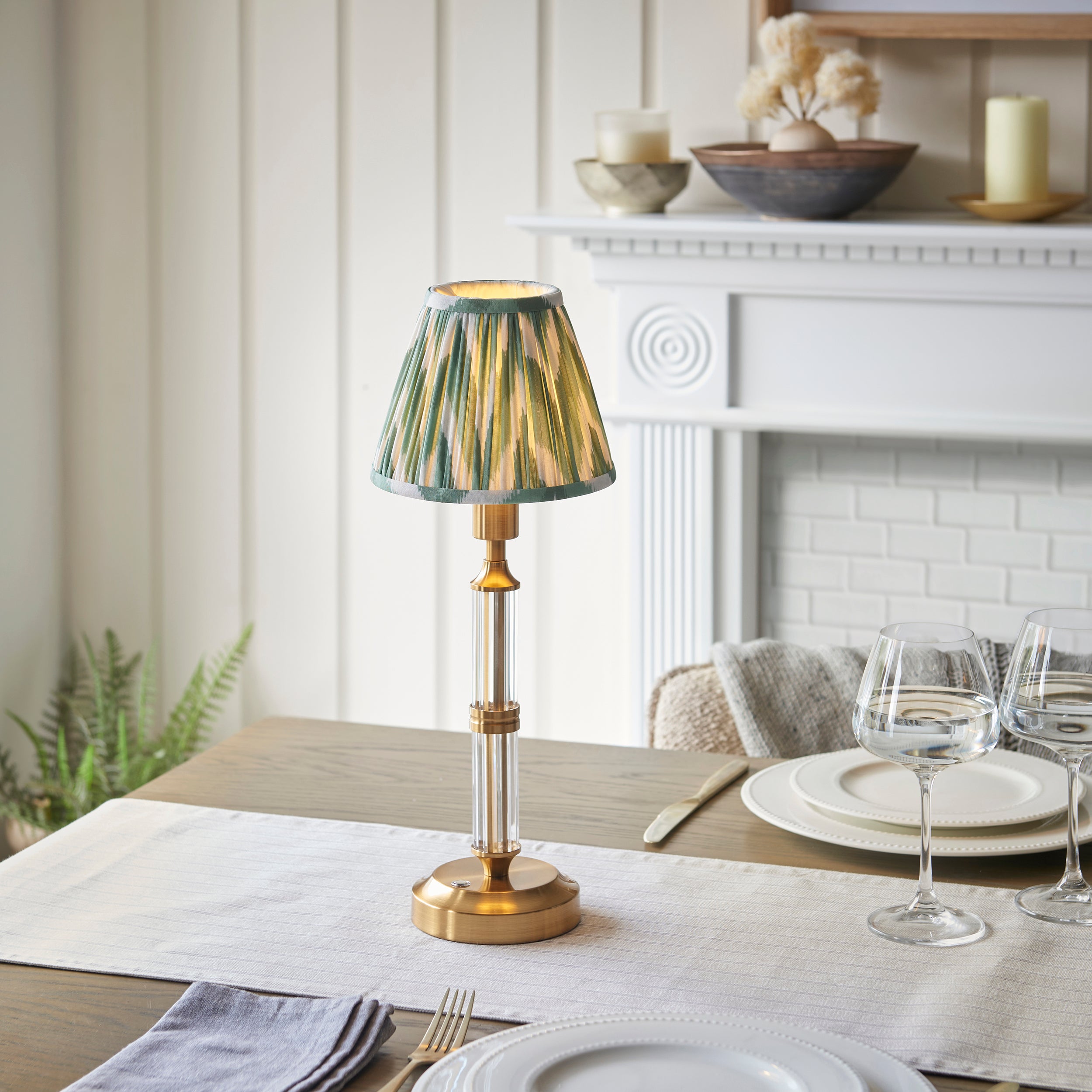 Endon Morton Rechargeable Table Lamp & Zigzag 16cm Cotswold Green Shade