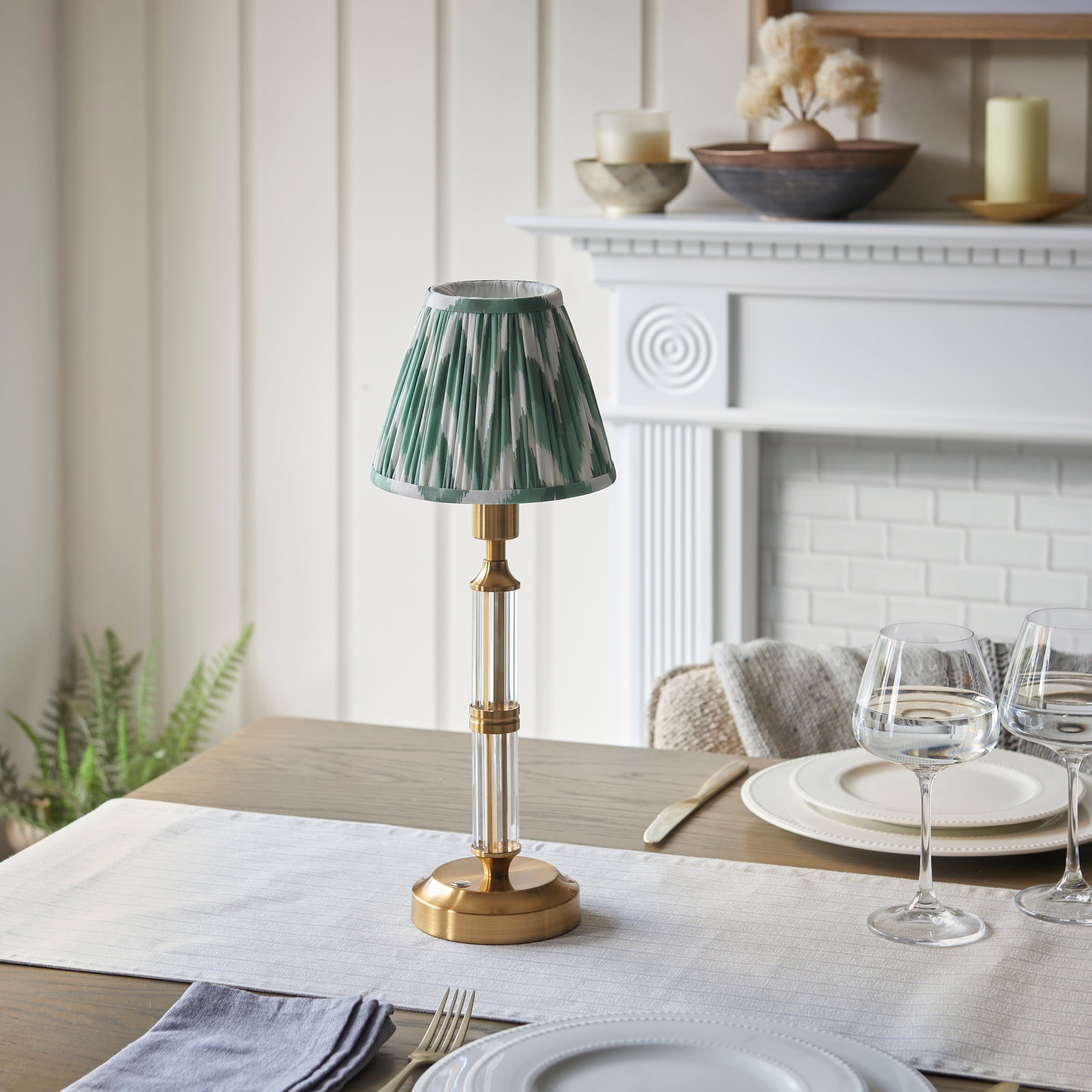 Endon Morton Rechargeable Table Lamp & Zigzag 16cm Cotswold Green Shade